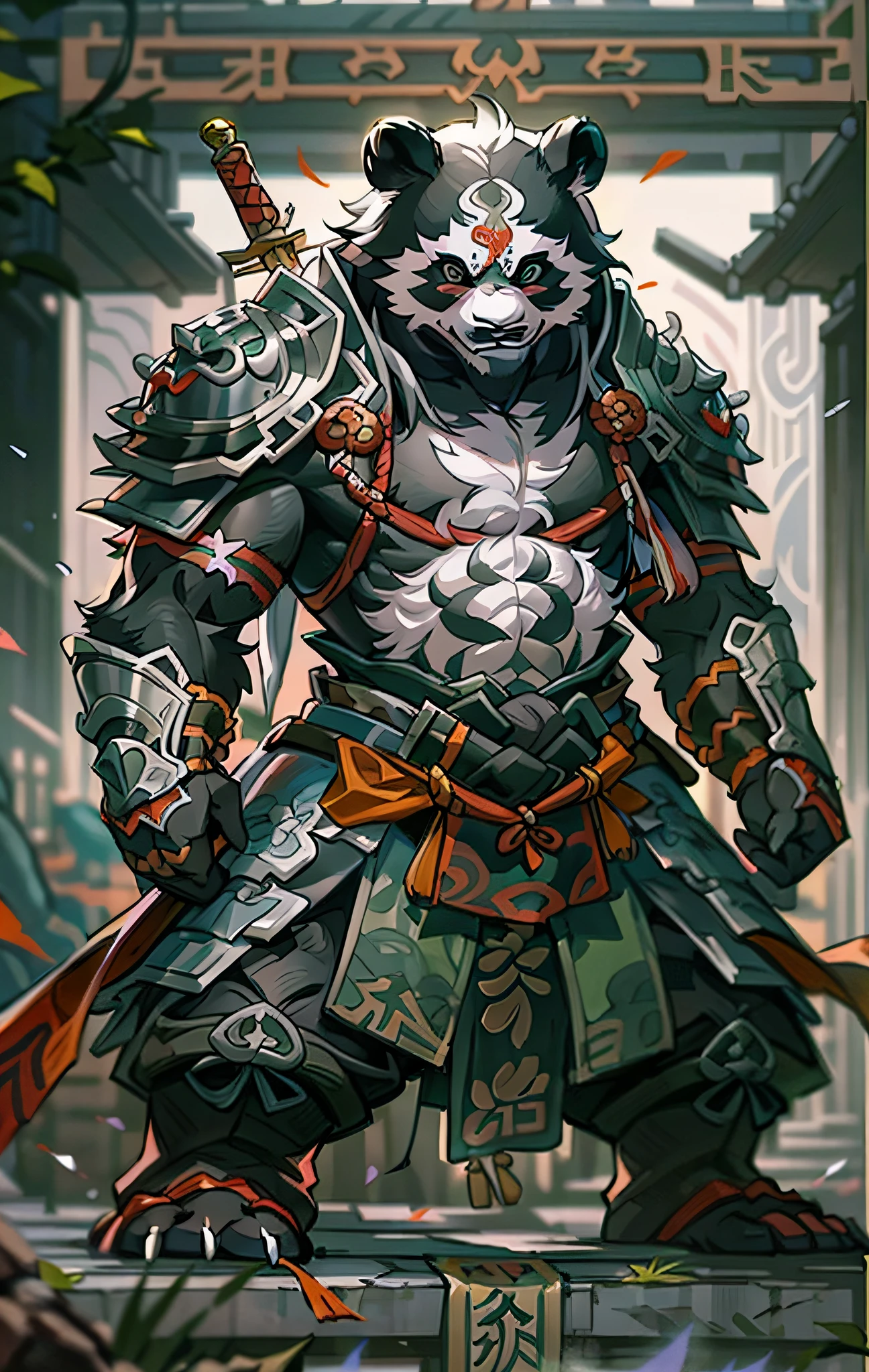 Giant panda warrior, Full body like，Close-up of giant panda warrior holding a sword in the city, Determined eyes，Fierce，Akira in Chinese mythology, an epic majestical degen trader, bian lian, by Yang J, Chinese Warrior, anthropomorphic samurai bear, Son Goku, cgsociety and fenghua zhong, inspired by Li Kan, epic samurai warrrior, Cat Warrior, Silver tattered cloak，Armour，Full body standing painting，Fantasy setting, character concept, character art, Character portrait, Cartoon, Best quality, Best resolution, 4K, Vivid colors, Vivid, High detail, best detail, confident pose, extrovert, look from down,