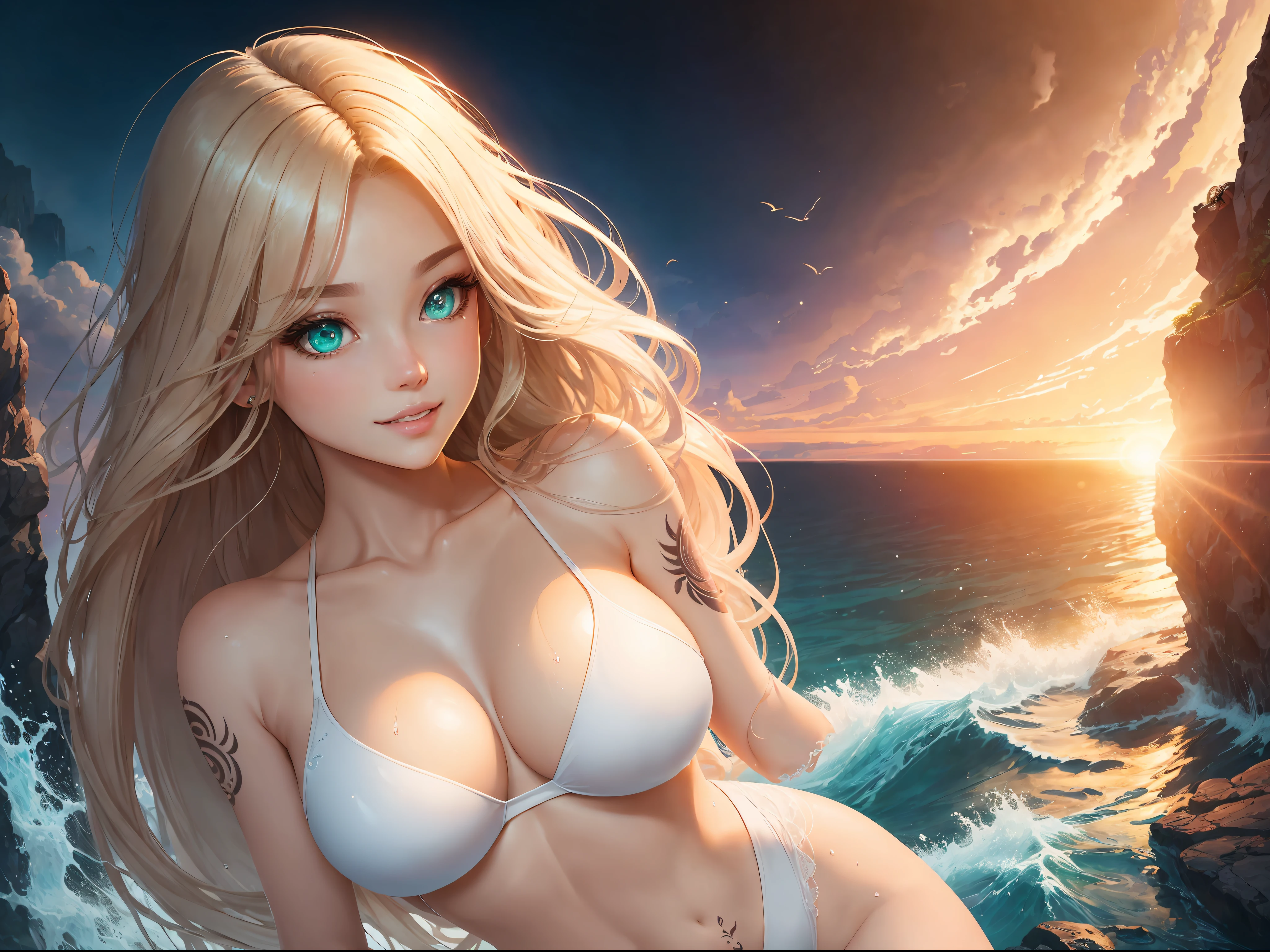 Realistic, full-body portrait of a young woman, 20 years old. standard body shape, realistic perfect body composition, milky beige hair blowing in the wind, wet body, waterfall scene. Beautiful realistic perfect green eyes, charming smile, white, even teeth, make up the perfect eye shape overall. fair skin, good looking, tattoo art, sexy sexy liquid acrylic 5cm outfit, warm dreamy light, volumetric light, adventure style pulp, dynamic gradient, true color, illustration graphics, highly detailed vector curves, simple, smooth and clean, vector art, smooth, character design, cinema, surrealism, posters, masterpiece collection, sunset, wet pigment. High image quality, meticulous detail, perfect realistic work --auto