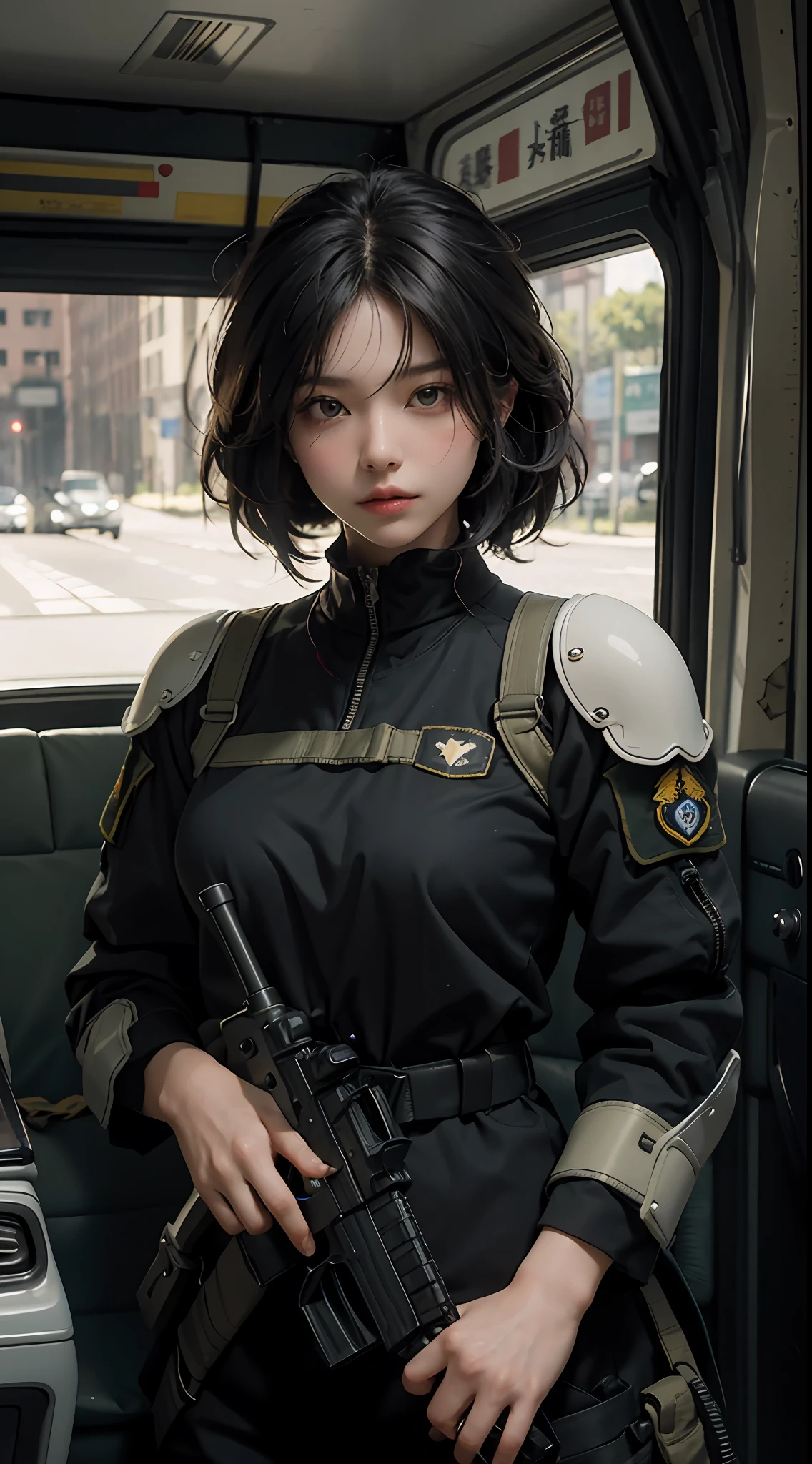 Highest image quality,Outstanding details,超高分辨率,(Fidelity:1.4),The best illustration,Favor the details,Female special forces,He has a delicate and beautiful face,holding assault rifle,dressed in black body armour,cabelos preto e longos,In a military truck,