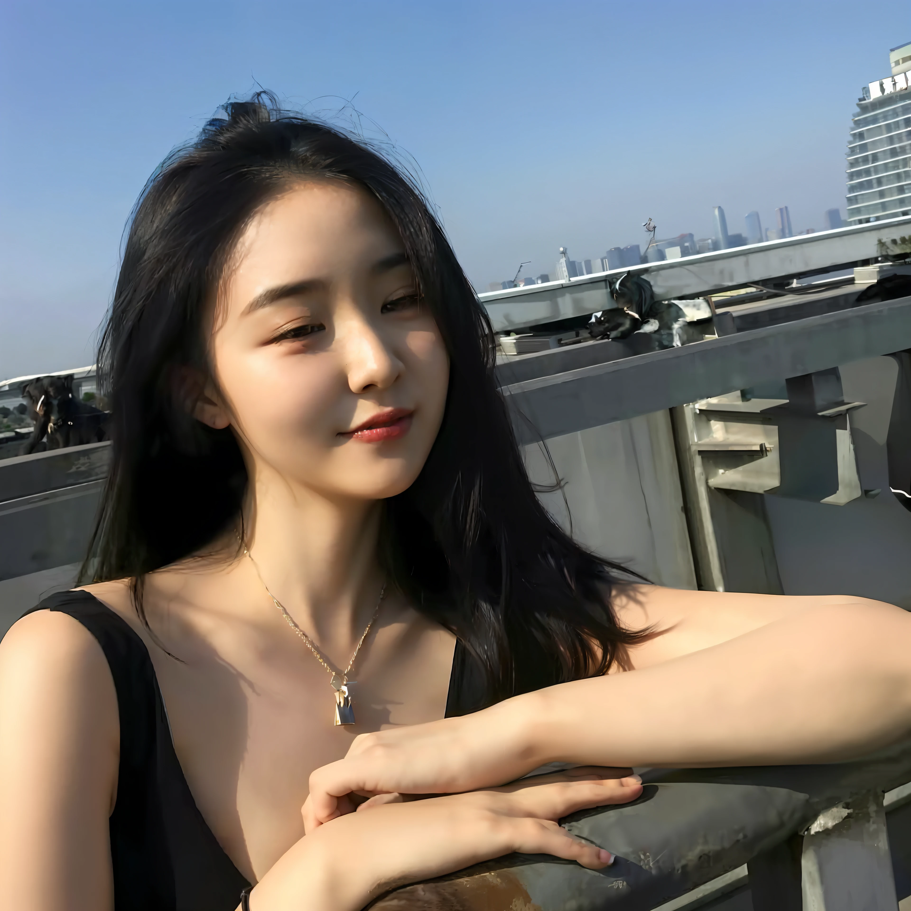 Alafi woman in black dress poses with dog on bridge, 19-year-old girl, xintong chen, Chinese girl, Gorgeous young Korean woman, 8k selfie photograph, gorgeous chinese models, beautiful Korean women, a cute young woman, wenfei ye, Li Zixin, Beautiful young Korean woman, xision wu