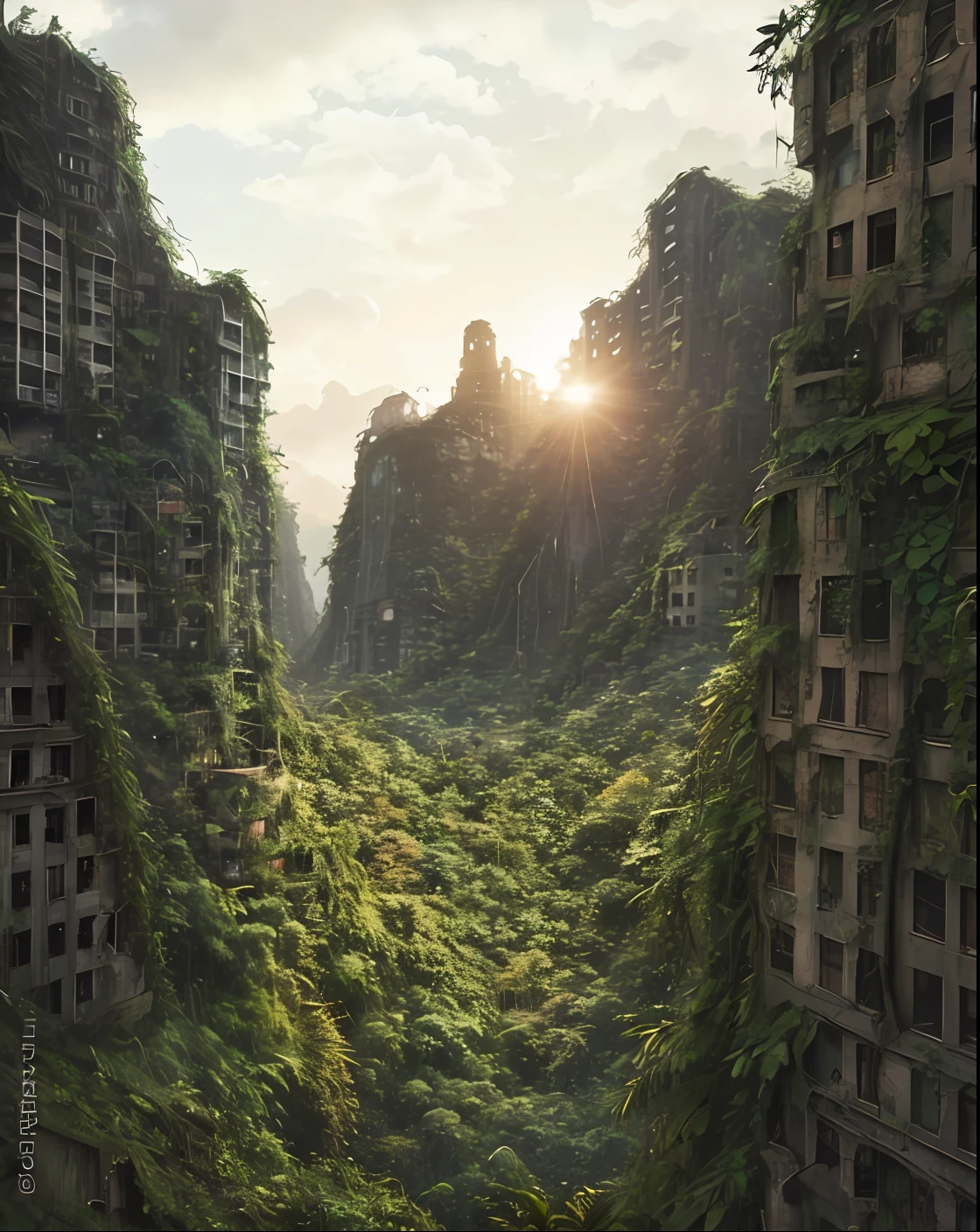 a view of a mountain with a forest covered hillside and a sun setting, overgrown city, fantasy overgrown world, nature taking over, abandoned city, apocalypse with vegetation, nature overgrowth, in a tropical and dystopic city, an abandoned dystopian city, overgrown jungle ruins, overgrown environment, 8k matte painting, 8 k matte painting, elaborate matte painting