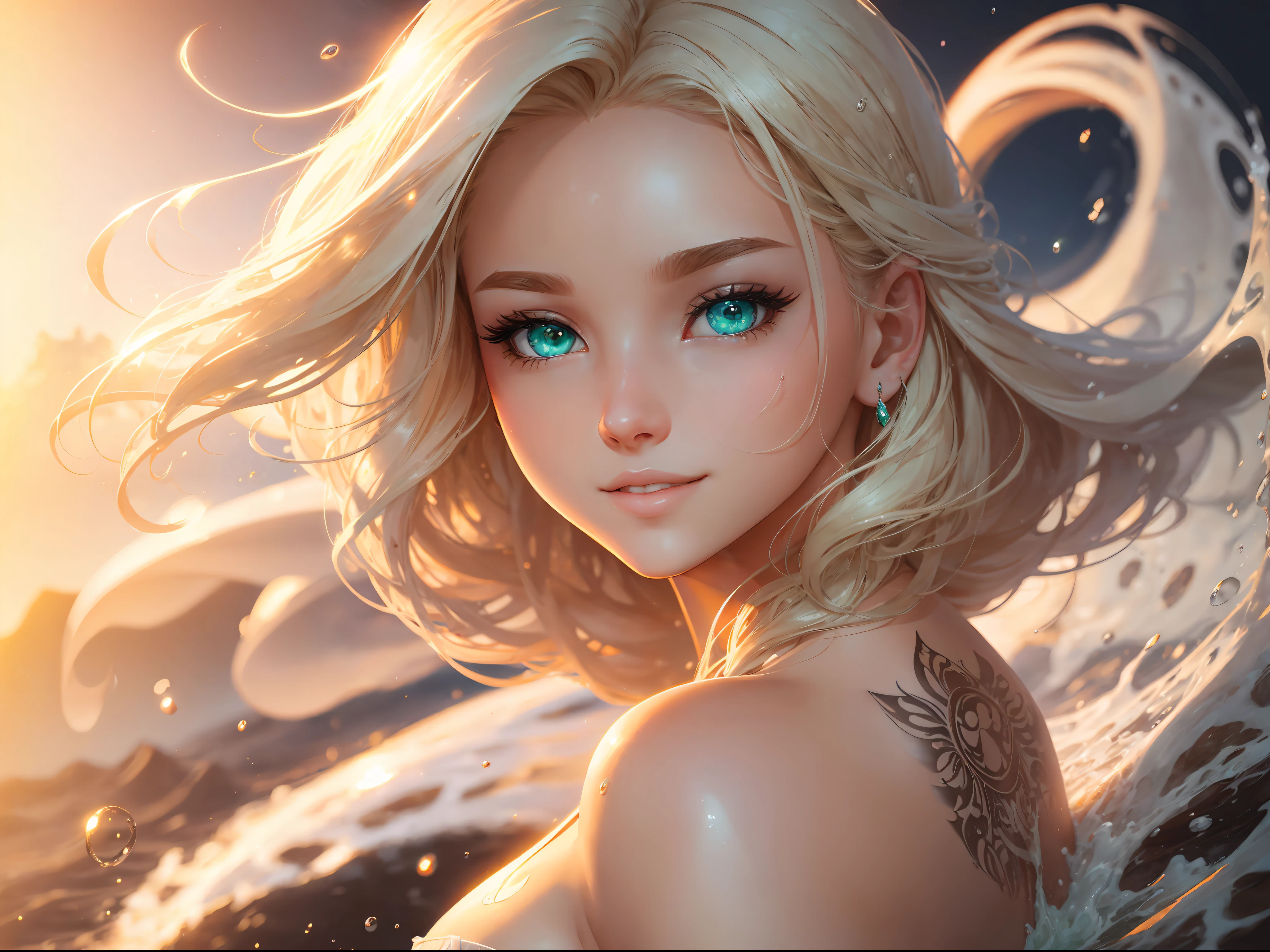 Realistic, full-body portrait of a young woman, 20 years old. standard body shape, realistic perfect body composition, milky beige hair blowing in the wind, wet body, waterfall scene. Beautiful realistic perfect green eyes, charming smile, white, even teeth, make up the perfect eye shape overall. fair skin, good looking, tattoo art, sexy sexy liquid acrylic 5cm outfit, warm dreamy light, volumetric light, adventure style pulp, dynamic gradient, true color, illustration graphics, highly detailed vector curves, simple, smooth and clean, vector art, smooth, character design, cinema, surrealism, posters, masterpiece collection, sunset, wet pigment. High image quality, meticulous detail, perfect realistic work --auto