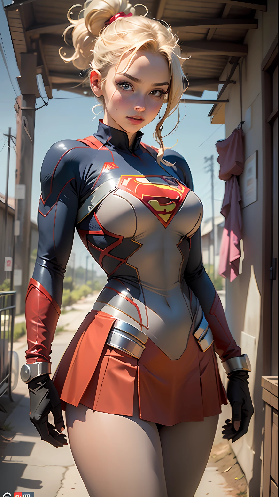 (Best quality, masterpiece, absurdo)),1girl:1.3, solo:1.3,Mulher bonita ,olhos expressivos azuis, mulher linda,cabelo longos loira, 21 anos, solo, 1girl,corpo ampulheta,huge breasts, corpo definido , vestindo cosplay superman(( bodysuit cosplay de Supergirl, skirt (cintura ate metade da coxa)supergirl, capa vermelha curta supergir)), cores vivas, 4k.