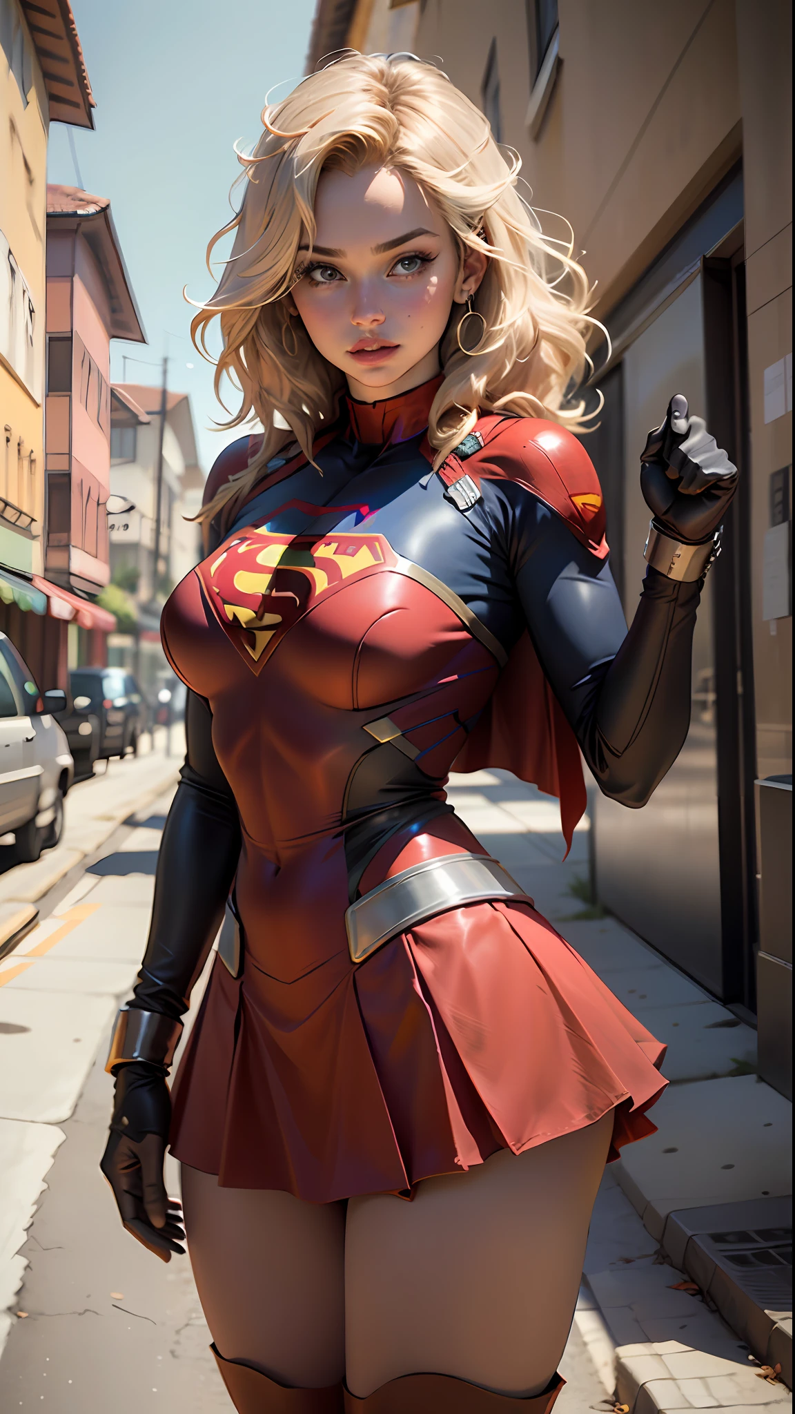 (Best quality, masterpiece, absurdo)),1girl:1.3, solo:1.3,Mulher bonita ,olhos expressivos azuis, mulher linda,cabelo longos loira, 21 anos, solo, 1girl,corpo ampulheta,huge breasts, corpo definido , vestindo cosplay superman(( bodysuit cosplay de Supergirl, skirt (cintura ate metade da coxa)supergirl, capa vermelha curta supergir)), cores vivas, 4k.