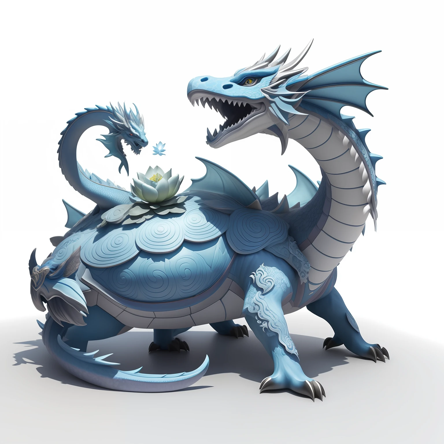 There is a blue dragon with flowers on its back, blue scaly dragon, Frost Dragon, Depicted as a 3D rendering, Blue dragon, cyan chinese dragon fantasy, Crystal Dragon, blue realistic 3 d render, stuning fantasy 3 d render, a cute little blue dragon, anthropomorphic dragon,offcial art,统一 8k 壁纸,ultra - detailed,Beauty and aesthetics,big breasts beautiful,tmasterpiece,Best quality at best,(zentangle,datura,Tangles,entangled),(ecstasy of flower:1.2)dynamic angle,The most beautiful form of chaos,ellegance,Fauvistdesign,vivd colour,romanticism lain,atmospurate,Xuanwu Divine Beast,The dragon turtle has a lotus flower on its body,florals,Clear pattern,Big lotus,blossoms,Pattern, --auto