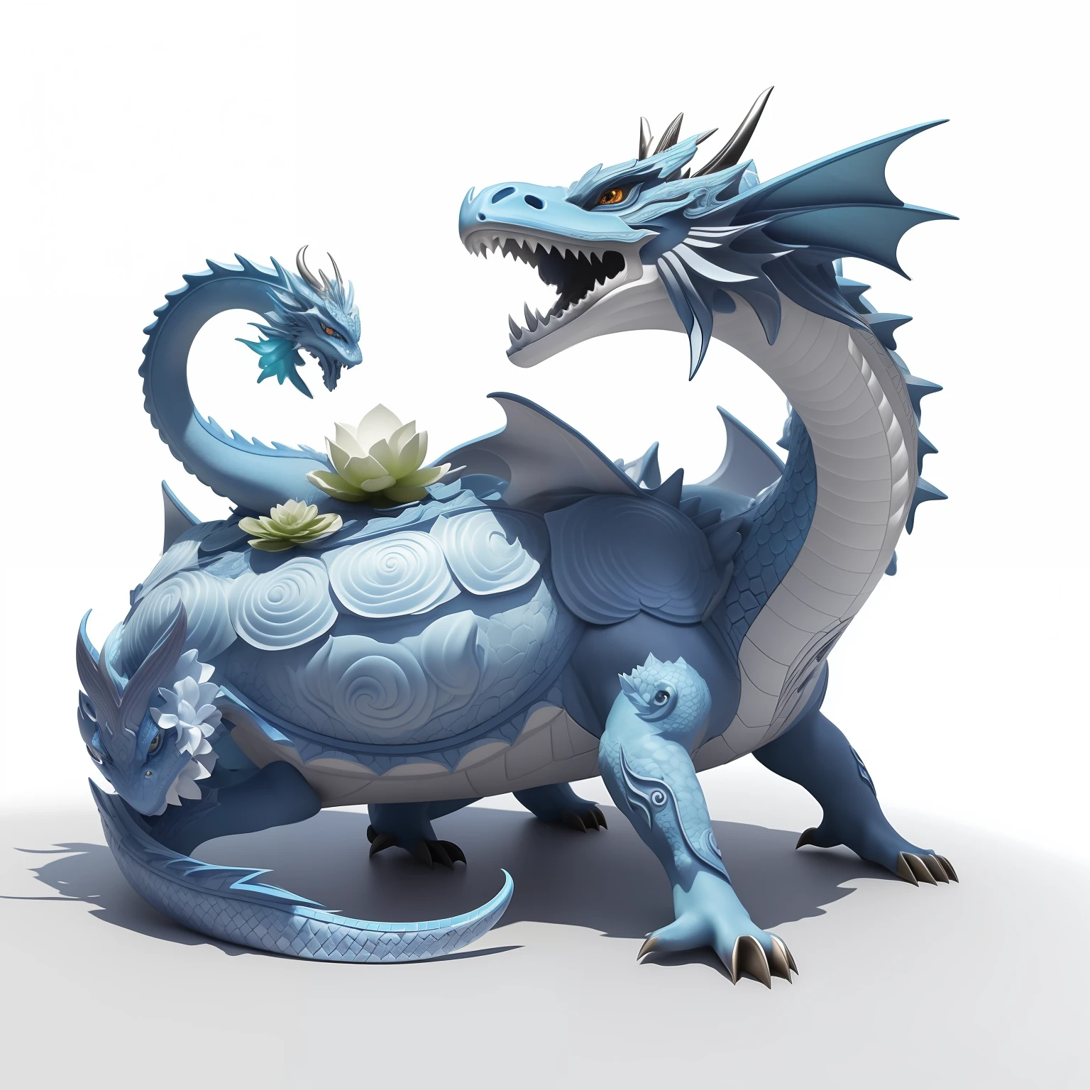 There is a blue dragon with flowers on its back, blue scaly dragon, Frost Dragon, Depicted as a 3D rendering, Blue dragon, cyan chinese dragon fantasy, Crystal Dragon, blue realistic 3 d render, stuning fantasy 3 d render, a cute little blue dragon, anthropomorphic dragon,offcial art,统一 8k 壁纸,ultra - detailed,Beauty and aesthetics,big breasts beautiful,tmasterpiece,Best quality at best,(zentangle,datura,Tangles,entangled),(??????? of flower:1.2)dynamic angle,The most beautiful form of chaos,ellegance,Fauvistdesign,vivd colour,romanticism lain,atmospurate,Xuanwu Divine Beast,The dragon turtle has a lotus flower on its body,florals,Clear pattern,Big lotus,blossoms,Pattern, --auto
