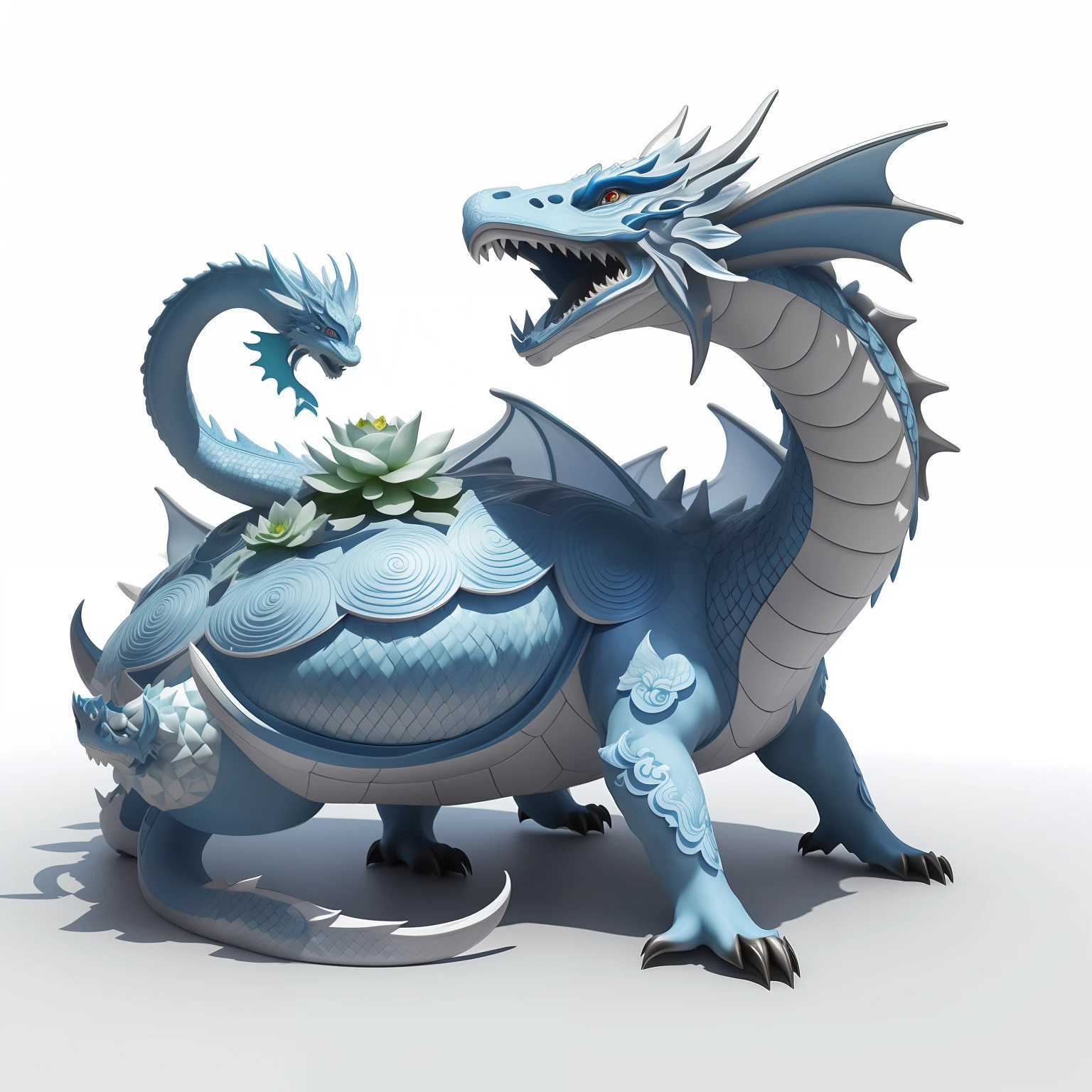 There is a blue dragon with flowers on its back, blue scaly dragon, Frost Dragon, Depicted as a 3D rendering, Blue dragon, cyan chinese dragon fantasy, Crystal Dragon, blue realistic 3 d render, stuning fantasy 3 d render, a cute little blue dragon, anthropomorphic dragon,offcial art,统一 8k 壁纸,ultra - detailed,Beauty and aesthetics,big breasts beautiful,tmasterpiece,Best quality at best,(zentangle,datura,Tangles,entangled),(ecstasy of flower:1.2)dynamic angle,The most beautiful form of chaos,ellegance,Fauvistdesign,vivd colour,romanticism lain,atmospurate,Xuanwu Divine Beast,The dragon turtle has a lotus flower on its body,florals,Clear pattern,Big lotus,blossoms,Pattern, --auto