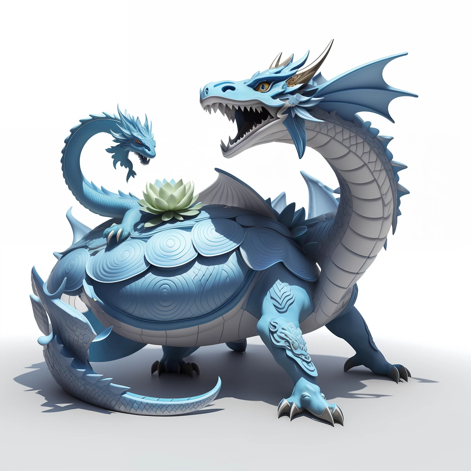 There is a blue dragon with flowers on its back, blue scaly dragon, Frost Dragon, Depicted as a 3D rendering, Blue dragon, cyan chinese dragon fantasy, Crystal Dragon, blue realistic 3 d render, stuning fantasy 3 d render, a cute little blue dragon, anthropomorphic dragon,offcial art,统一 8k 壁纸,ultra - detailed,Beauty and aesthetics,big breasts beautiful,tmasterpiece,Best quality at best,(zentangle,datura,Tangles,entangled),(ecstasy of flower:1.2)dynamic angle,The most beautiful form of chaos,ellegance,Fauvistdesign,vivd colour,romanticism lain,atmospurate,Xuanwu Divine Beast,The dragon turtle has a lotus flower on its body,florals,Clear pattern,Big lotus,blossoms,Pattern, --auto