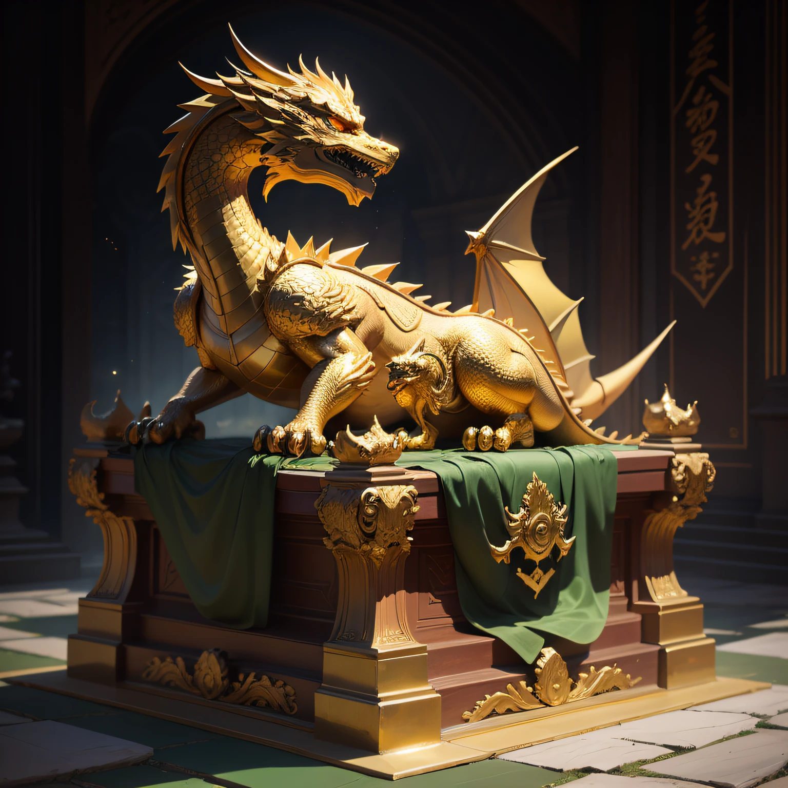 Decree,print,A statue of a golden dragon,lie on a golden stone,Golden throne, Square jade stone seat below。