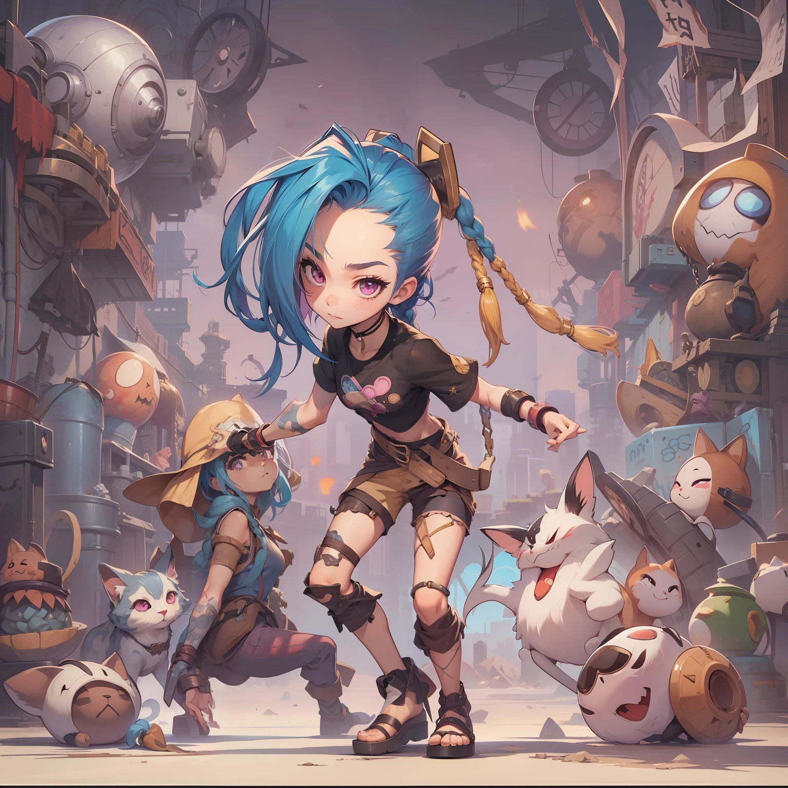 Jinx,short- sleeved，take up close，cute-style，short- sleeved，shorter pants，Comic cover style，Comic title,tmasterpiece， High- sharpness， high high quality， 详细的脸， detailed body render