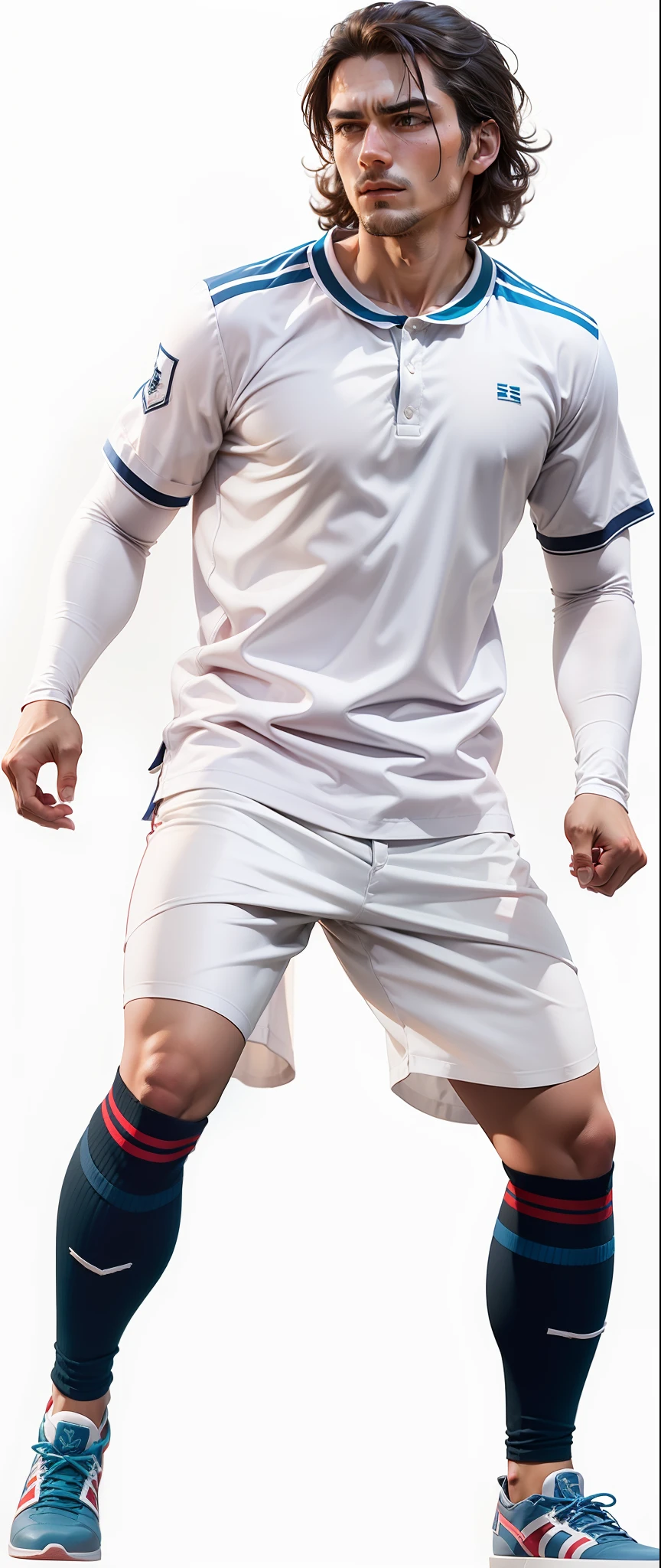 The character wears a short-sleeved white polo shirt,THE COLLAR ON THE POLO SHIRT IS DARK BLUE,The shoulder line is also dark blue,The collar is 3 buttons,Because polo shirts are worn outside,The long pure white sleeves only partially reveal the sleeves,The character's faces and movements remain the same