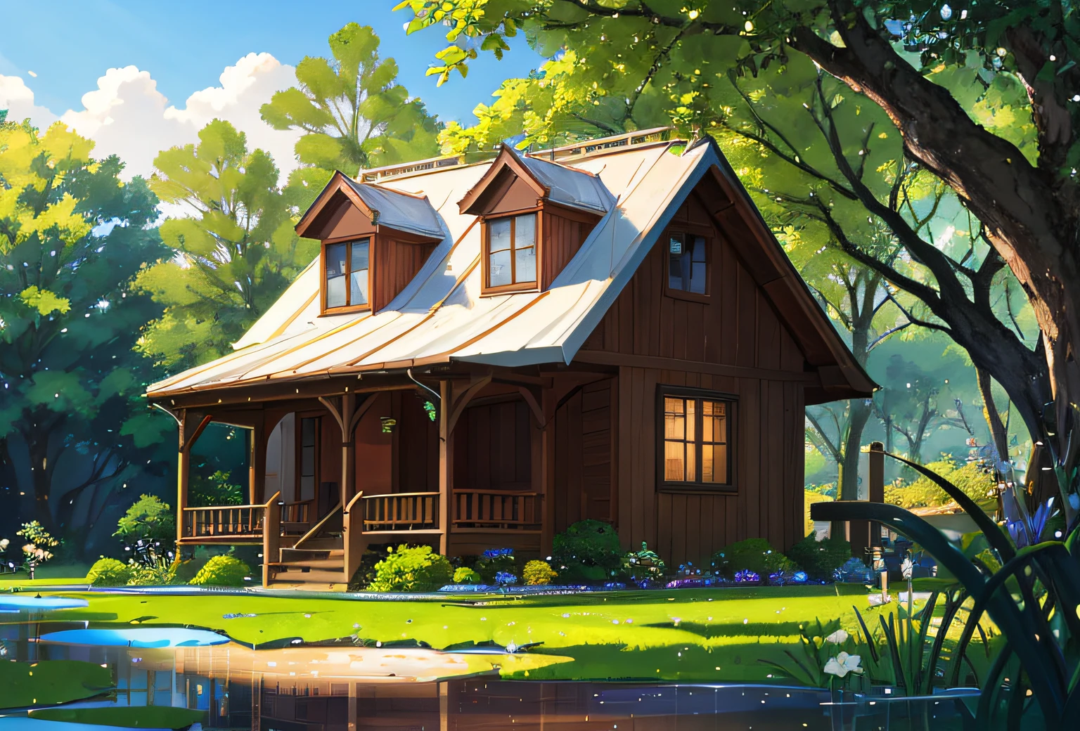 Summer，grassy fields，A few small flowers，Clear water，ultraclear，tmasterpiece，A high resolution，The house was flooded，moss，