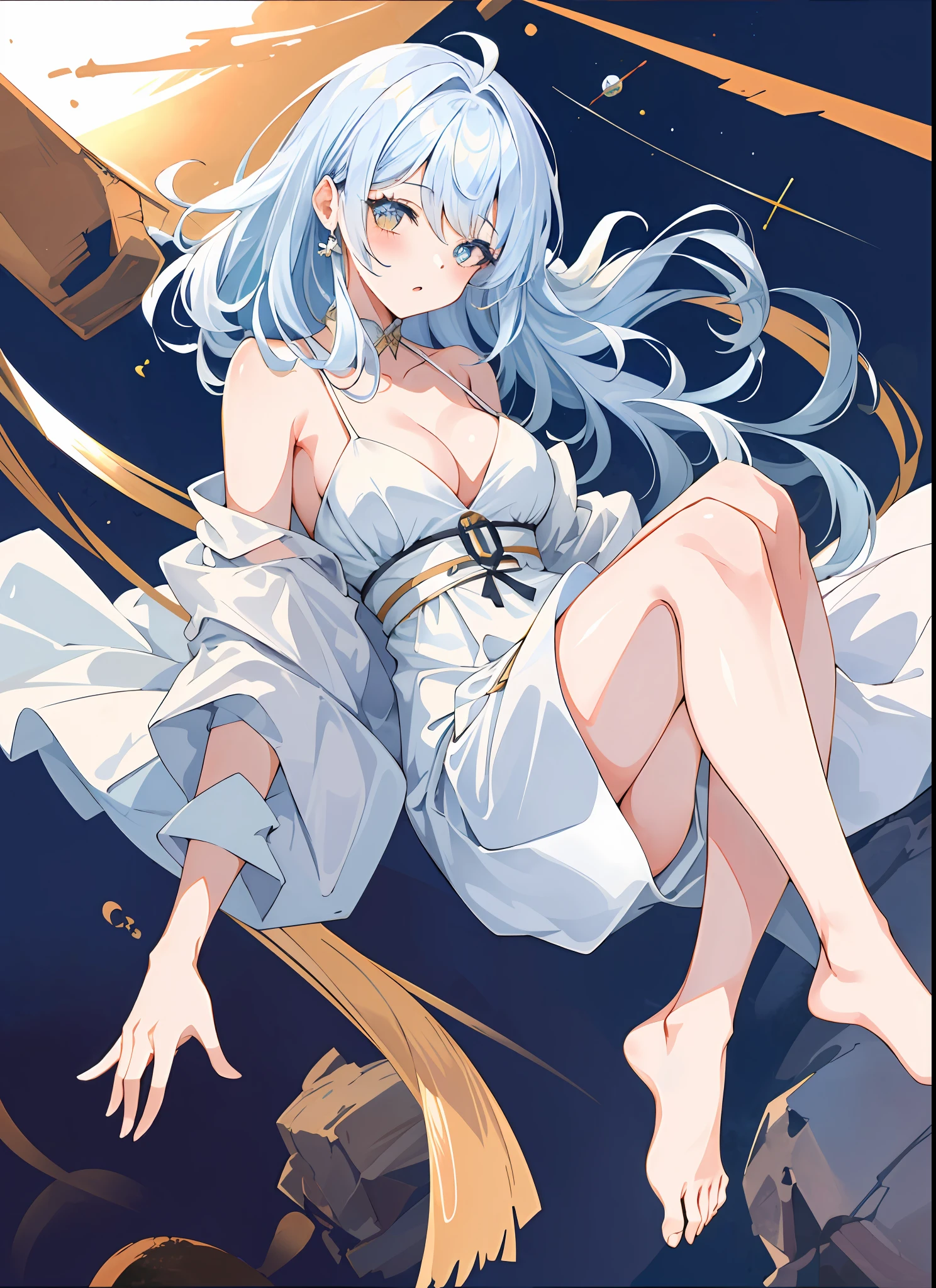 1girll, Messy white hair, spaghetti straps, White dress, Bare legs, Bare feet, Bare arms, (Floating) In space, (Earth background), Near-Earth orbit, full body,