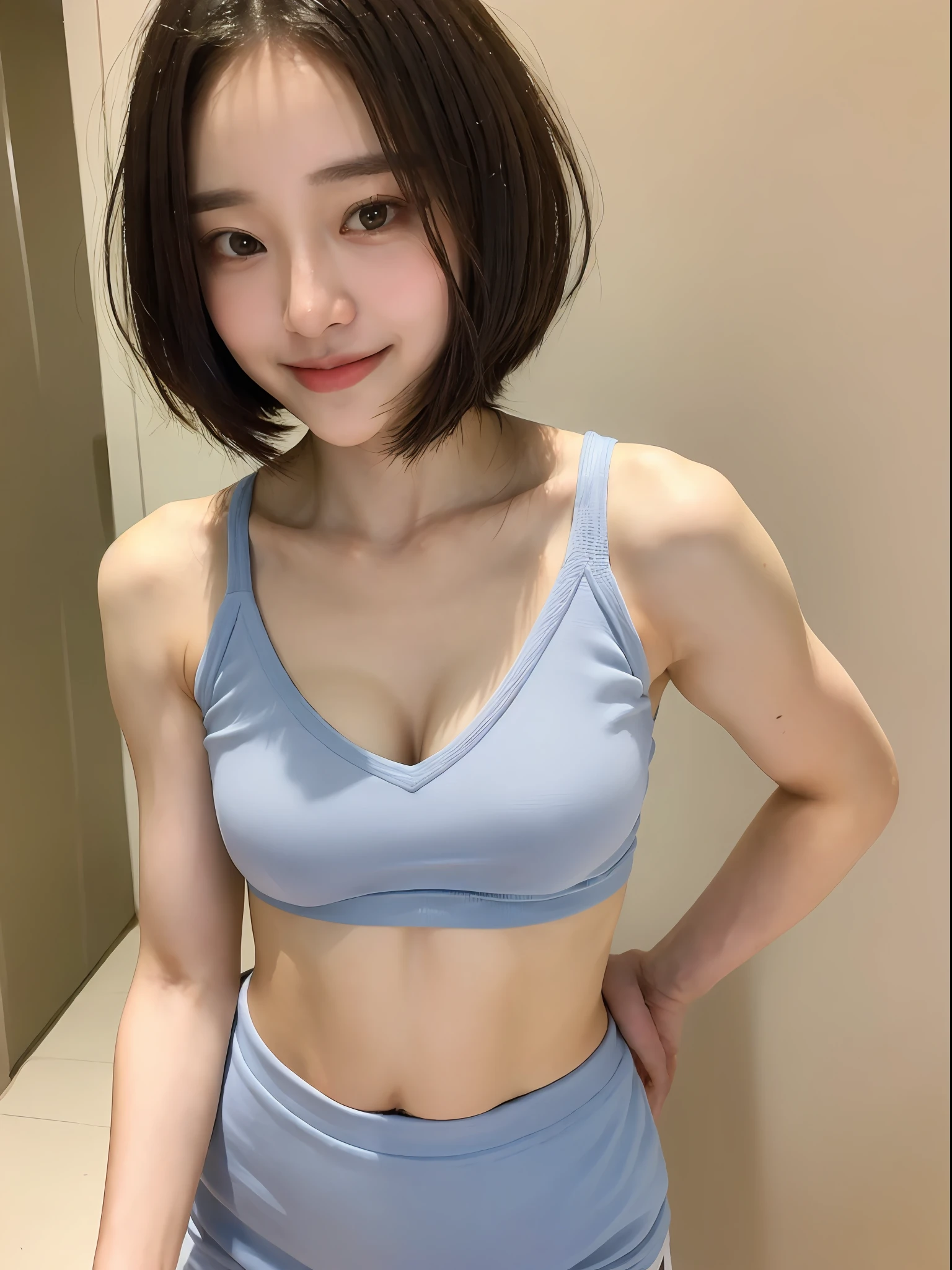 ((Best picture quality, 8K, tmasterpiece:1.3)), 1girll, Beautiful woman with slender abs:1.3, (Casual hairstyle), Yoga Wear:1.1, Ultra-fine face, A detailed eye, 二重まぶた，ssmile，Home