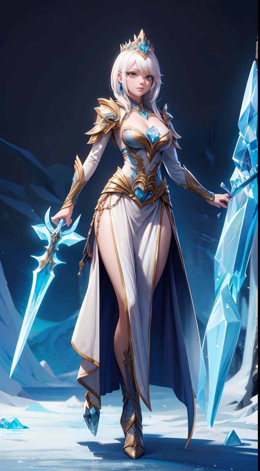 solo, super fine photo, full body photo picture Unreal Engine 5 8K UHD, beautiful girl, white hair, cyan crystal armor with thin dress, goddess of frost, queen of glacier, ice crown, wielding ice sword on right hand, fantasy theme, fantasy design, beautiful make up, best quality, masterpiece, unified 8k wallpaper, super detailed, sharp focus.