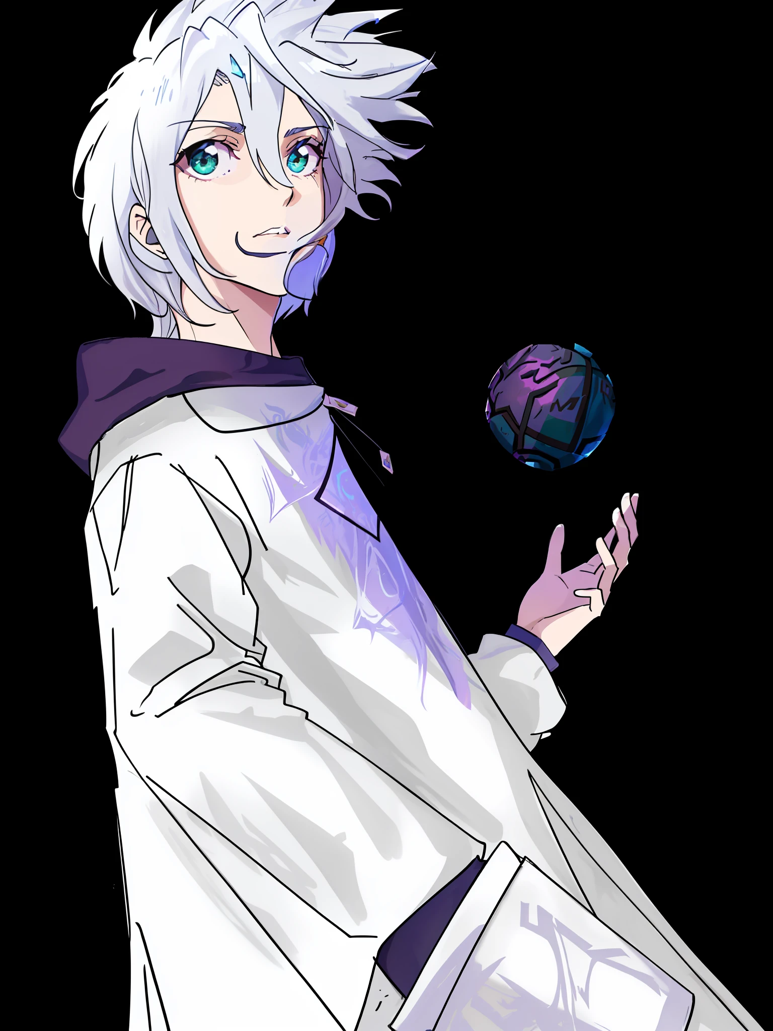 Cientista, cabelos brancos jovens, moletom roxo fino por de baixo do jaleco, throwing a round technological device up in one hand, cor principal roxa, pele clara, olhos verde, arrogant expression, alta qualidade, rosto detalhado, league of legends splash art