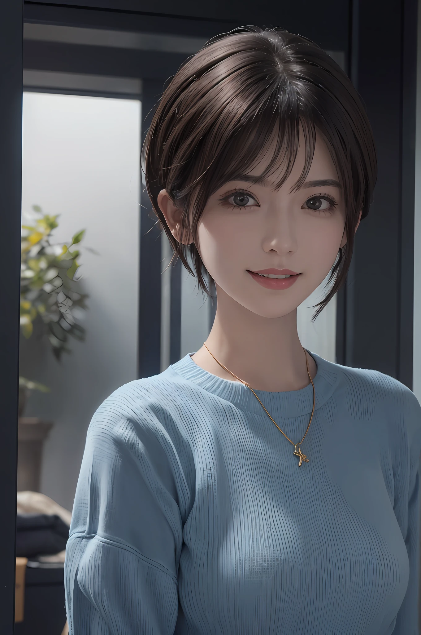 (masuter piece:1.3)、(8K、Photorealsitic、Raw photography、top-quality: 1.4)、(1girl in)、beautiful countenance、(Lifelike face)、(A dark-haired、short-hair:1.3)、short beautiful hairstyle、realisticeyes、Beautiful details、(real looking skin)、Beautiful skins、(Sweaters)、absurderes、enticing、超A high resolution、A hyper-realistic、high-detail、the golden ratio、Close your mouth and smile a little happily、long neck、Look firmly at the camera