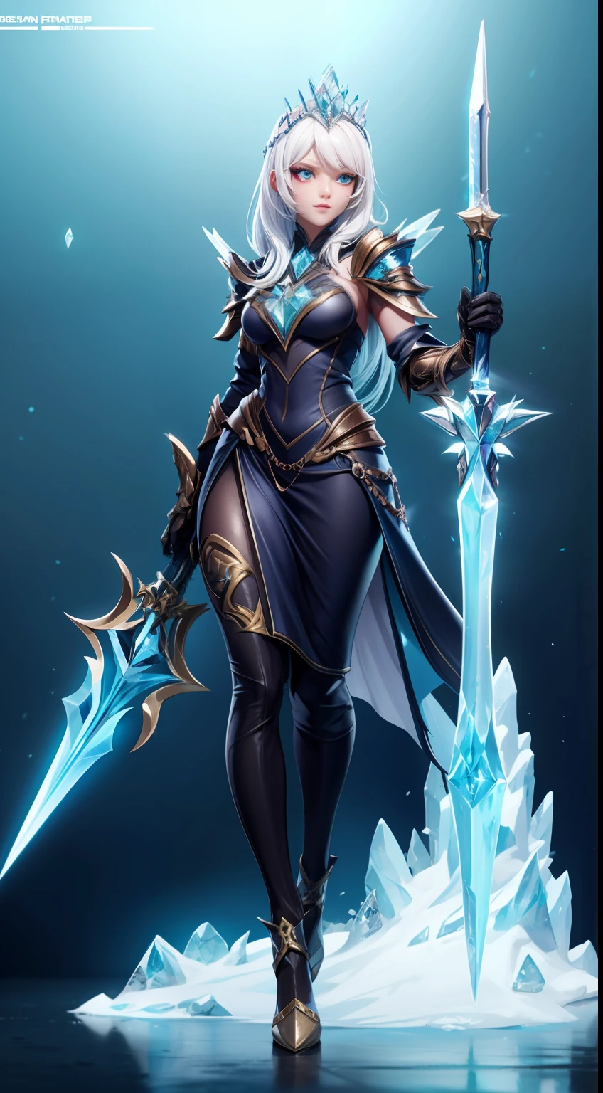 solo, super fine photo, full body photo picture Unreal Engine 5 8K UHD, beautiful girl, white hair, cyan crystal armor, goddess of frost, queen of glacier, ice crown, wielding ice sword on right hand, fantasy theme, fantasy design, beautiful make up, best quality, masterpiece, unified 8k wallpaper, super detailed, sharp focus.