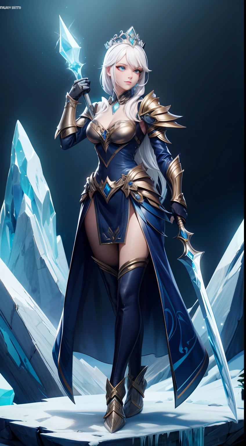 solo, super fine photo, full body photo picture Unreal Engine 5 8K UHD, beautiful girl, white hair, cyan crystal armor, goddess of frost, queen of glacier, ice crown, wielding ice sword on right hand, fantasy theme, fantasy design, beautiful make up, best quality, masterpiece, unified 8k wallpaper, super detailed, sharp focus.