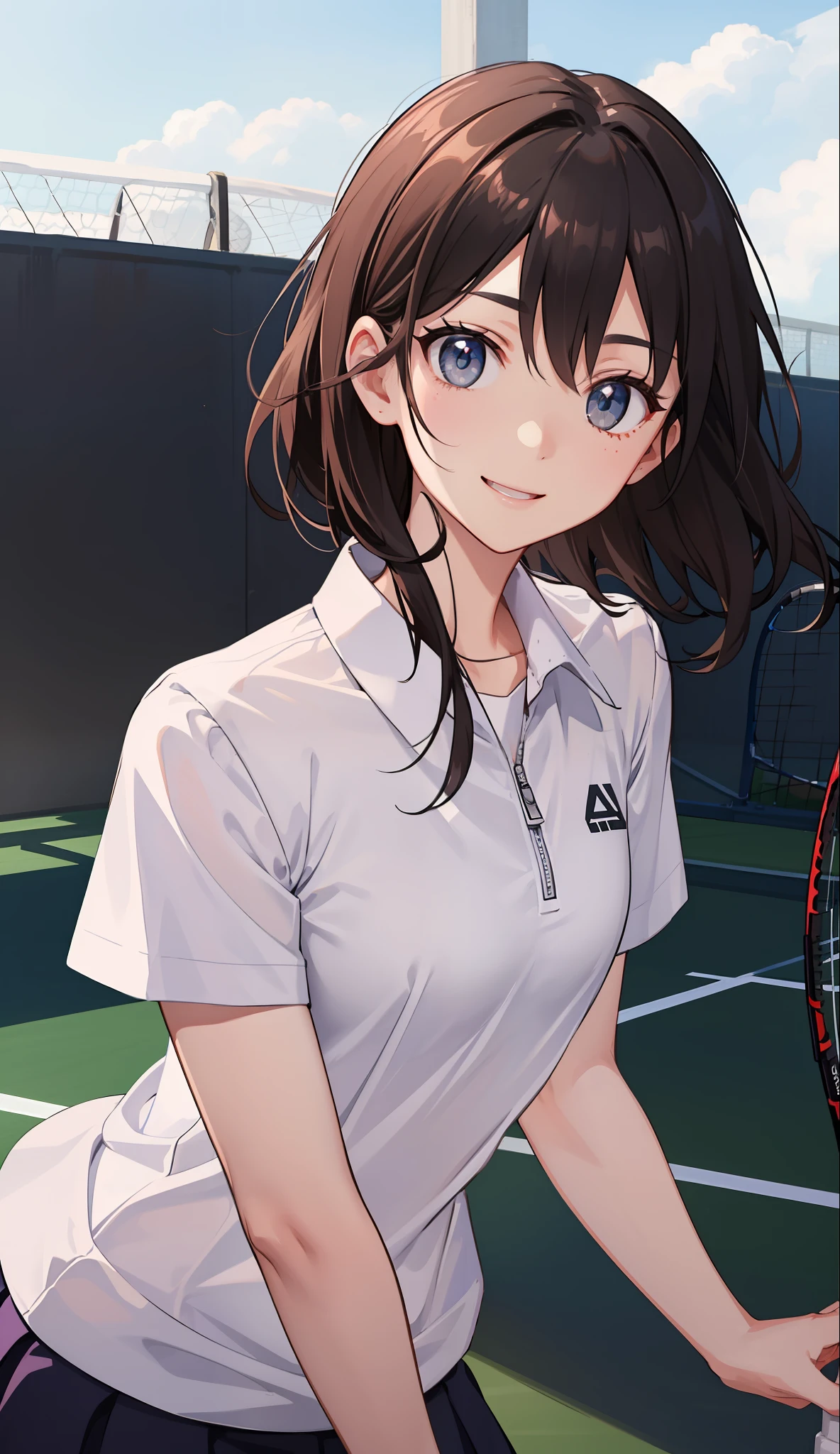 1The girls、Shirts、pleatedskirt、17 age、Bob Hair Style、A smile、A delightful!、japanes、enmaided、Chromo-white skin、Beautiful eyes、(small tits)、Playing tennis、Wimbledon、Wearing white tennis wear、电影灯光、Upper body portrait、