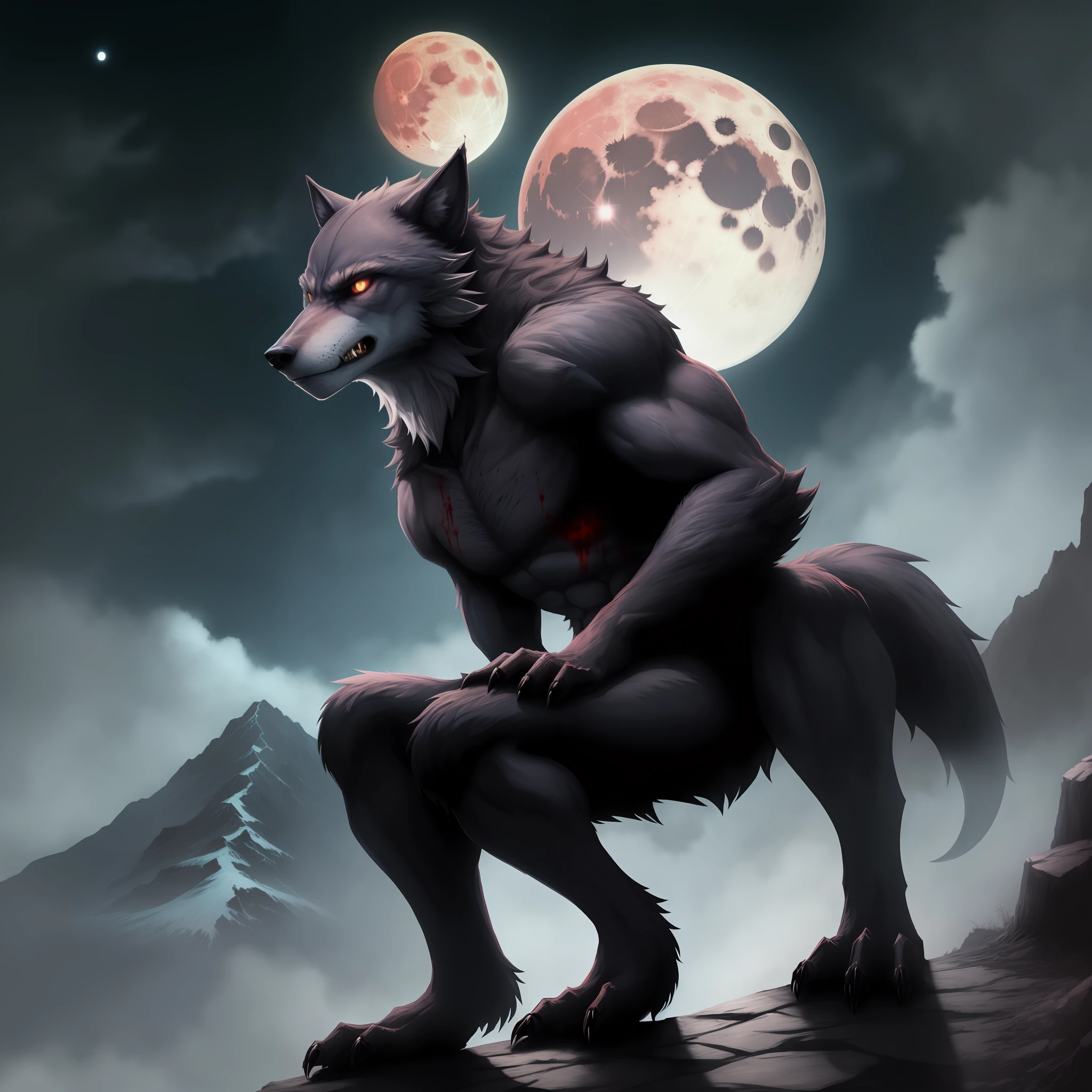 A werewolf on a mountain with a blood-colored moon behind it