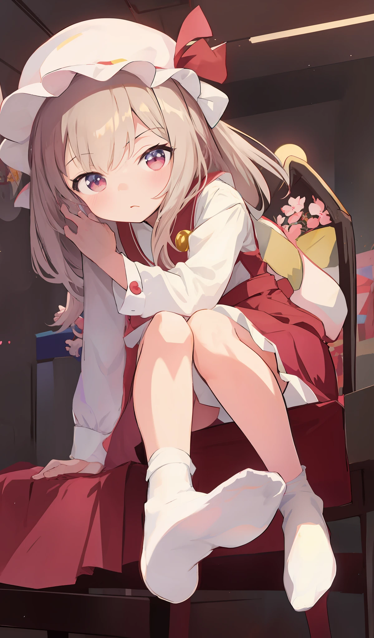Anime girl sitting in chair,Legs crossed, Splash art anime , lolidress, small curvaceous loli, thime girl is crouching, anime visual of a cute girl, anime girl in a maid costume, small loli girl, canime waifu in a nice dress, A scene from the《azur lane》videogame, Loli, An anime c