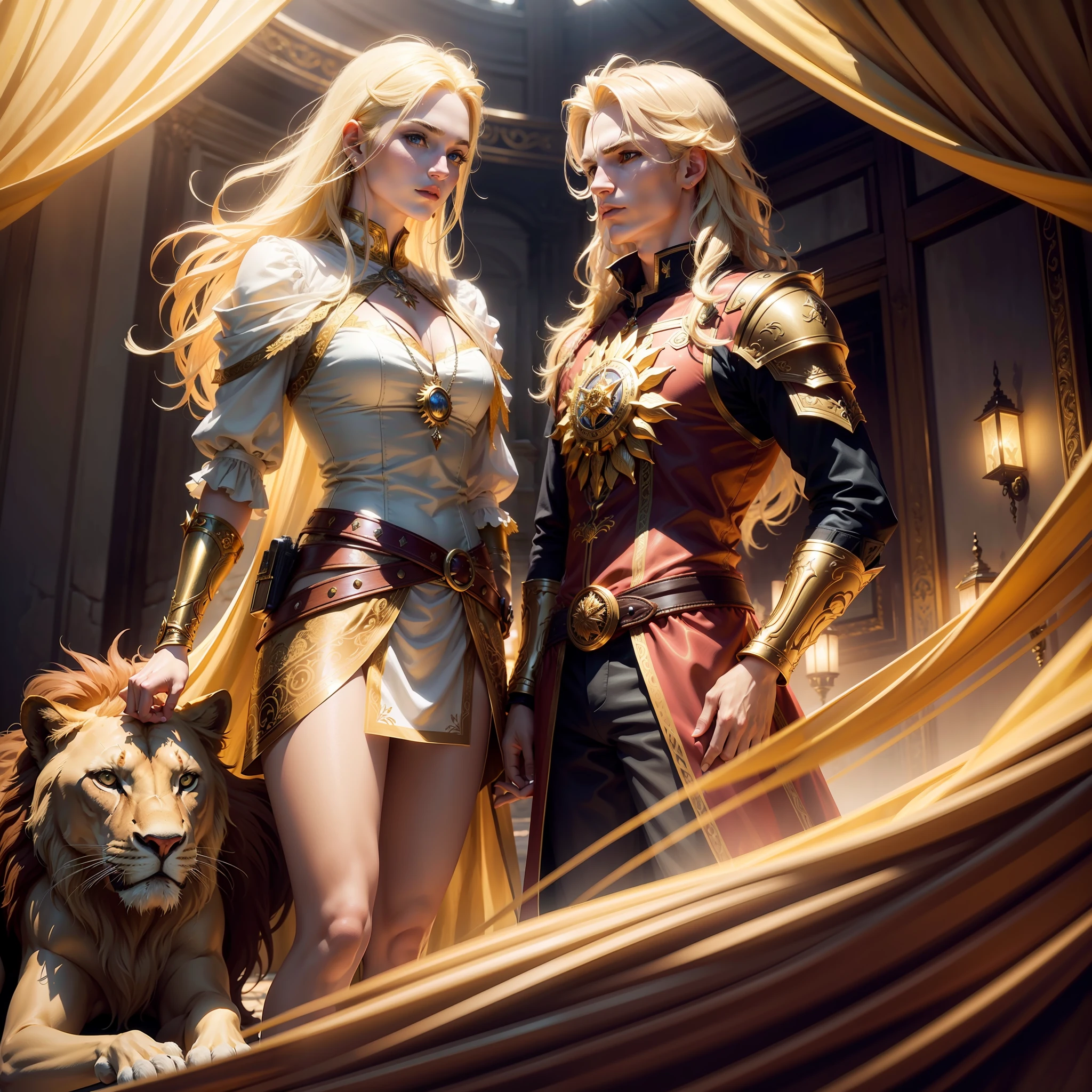 Fantasy Character/Western fantasy mythical creatures,Magic Golden Leo astrolabe,Yellow-haired people,Next to a lion,Gorgeous face,Real Human,Best quality at best,tmasterpiece,A high resolution,Magic import style,photograph realistic,Border light,Two-tone light,(highdetailskin:1.2),8K UHD,digital SLR camera,softlighting,high high quality,volumettic light,Frankness,