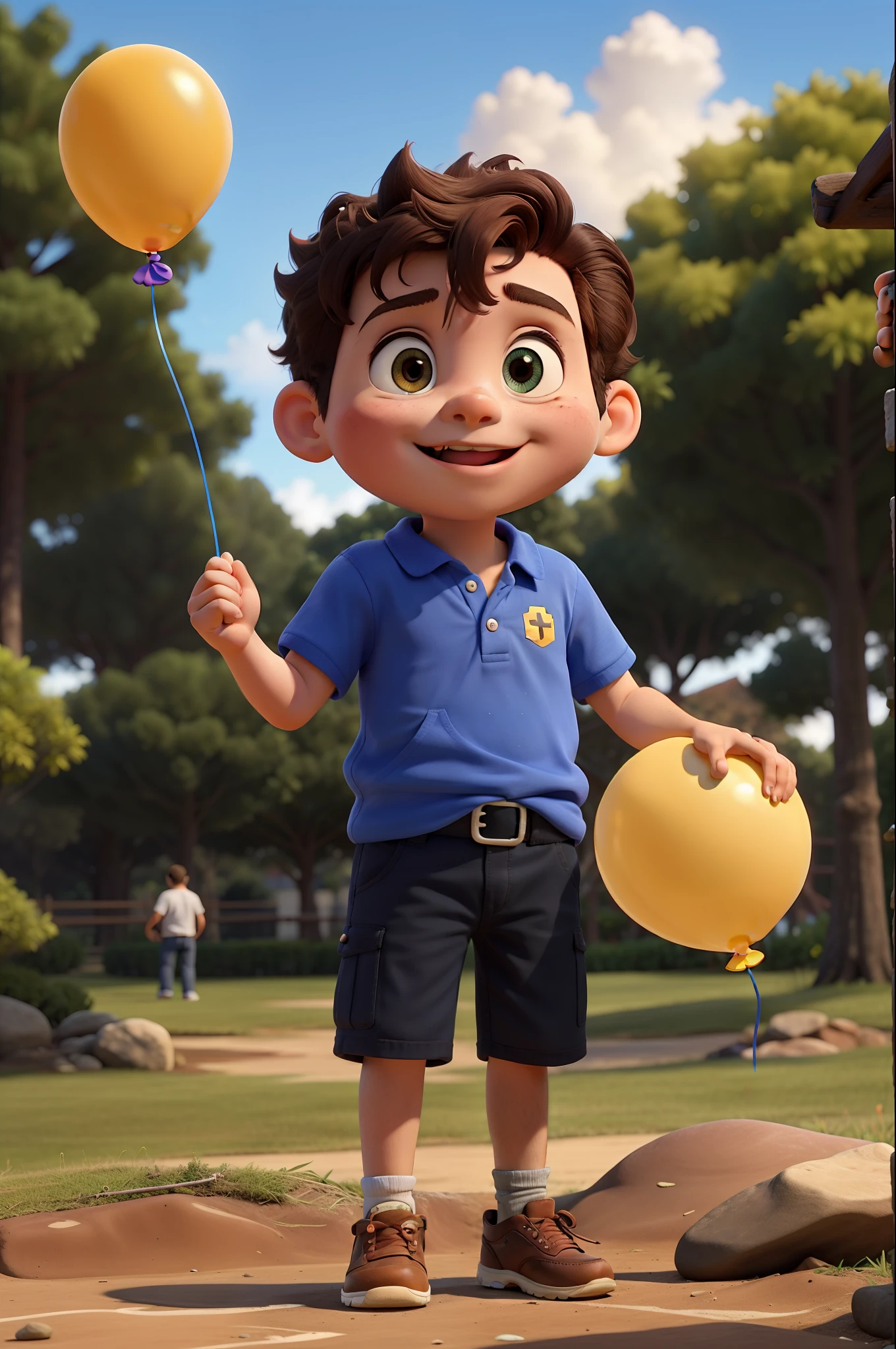 Obra-prima, de melhor qualidade, a baby, vestindo azul, holding balloon, Standing in the park