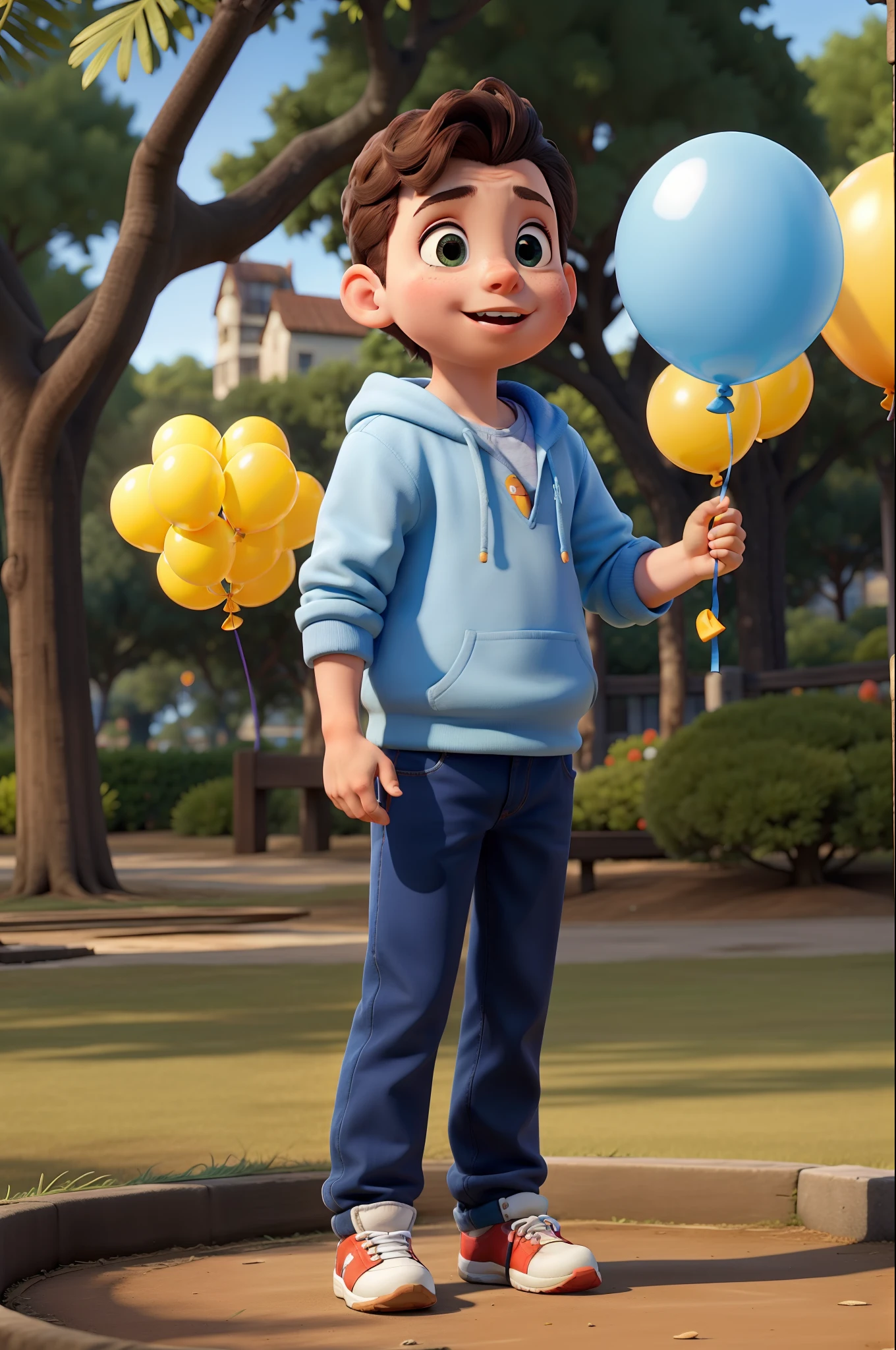 Obra-prima, de melhor qualidade, a , vestindo azul, holding balloon, Standing in the park