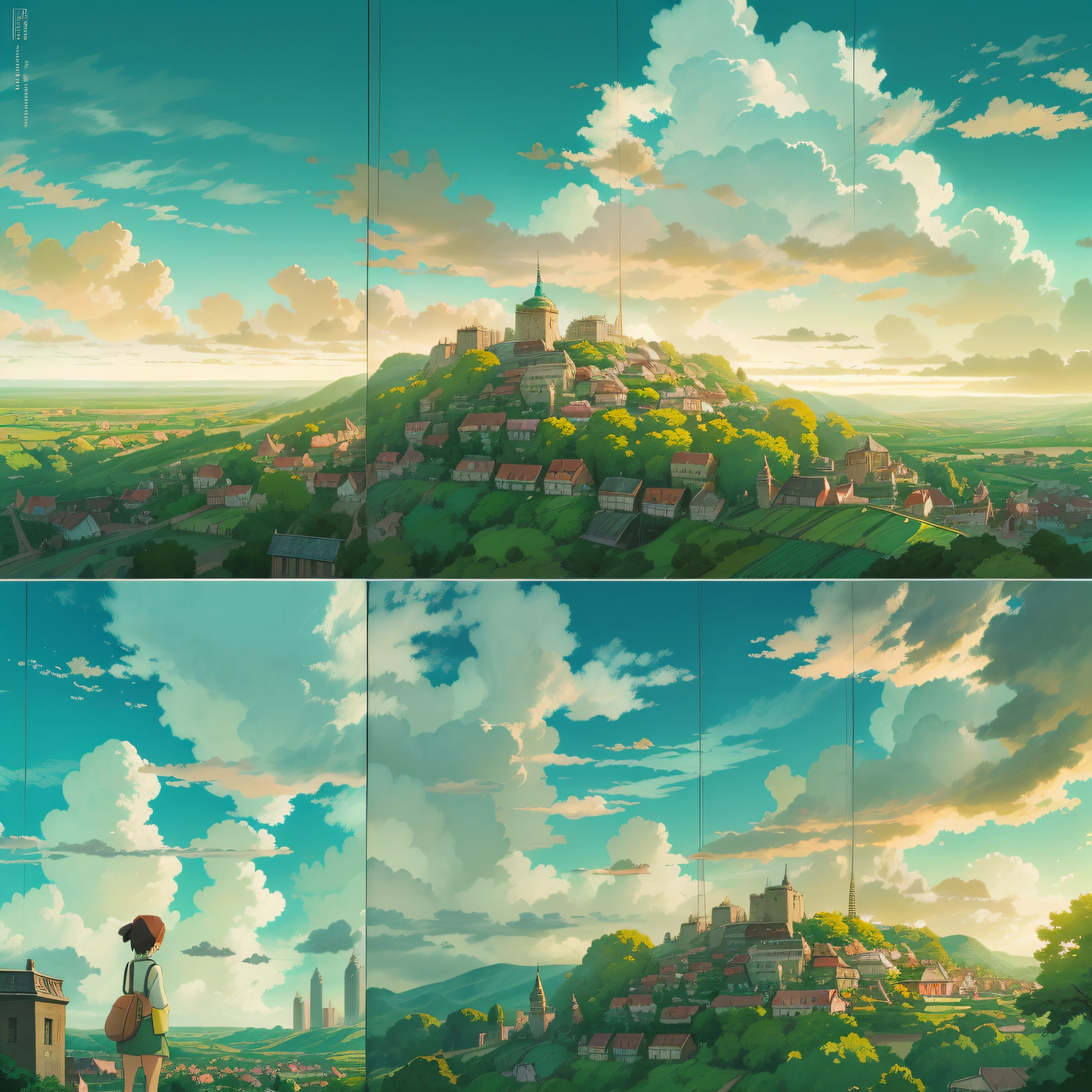 animesque、Skyscape with clouds、Landscape without buildings、You can see the touch of the brush、Studio Ghibli、Ghibli、Scenery、Style、Golden Time、sky line、The sky is covered with clouds、beatiful lights
