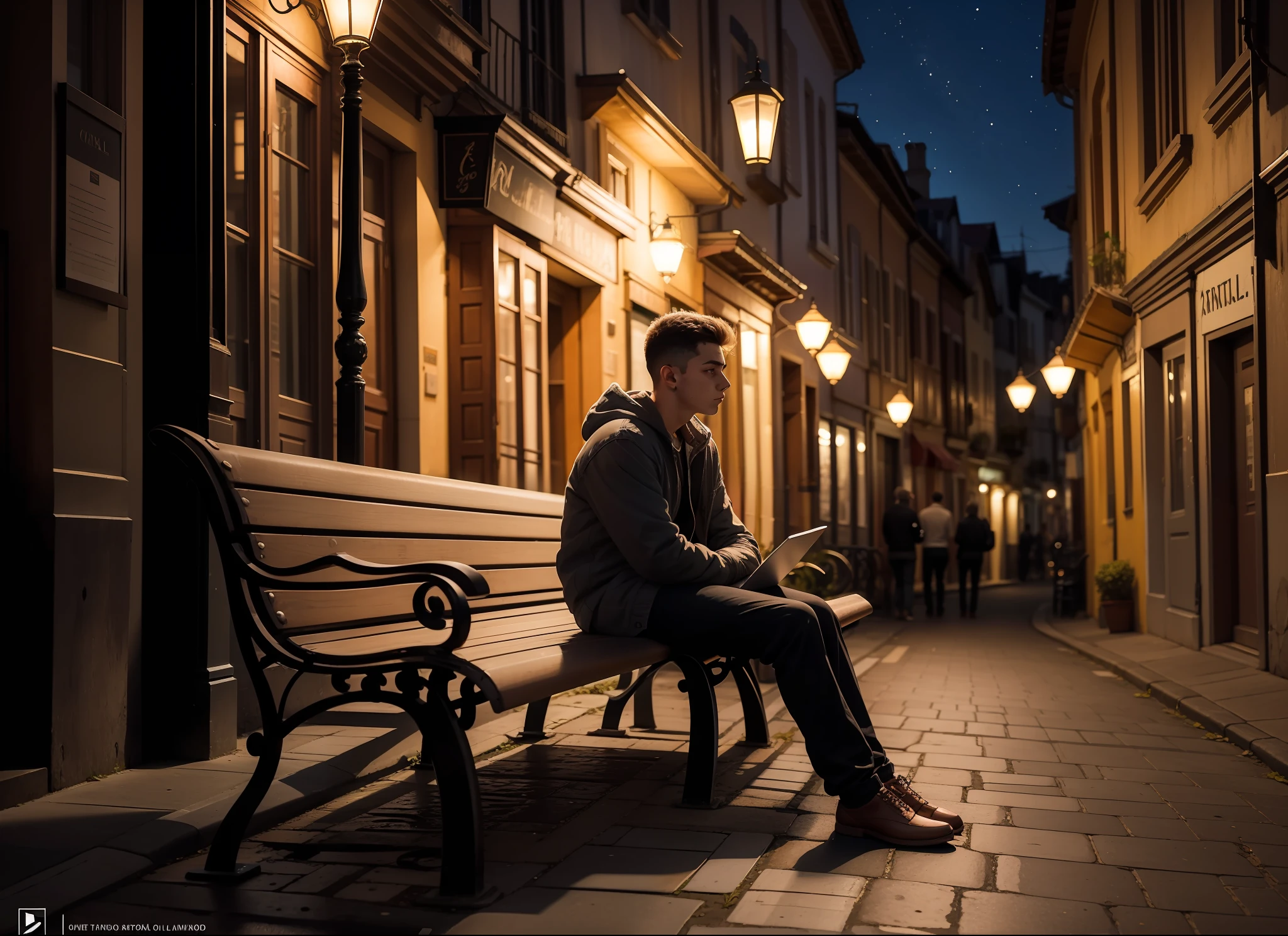 Nineteen-year-old man sitting sadly on bench in the square, rontal view, noite escura, cidade pequena, casas, postes de madeira, lampadas nos postes, 8k, maximum detailed, alta qualidade