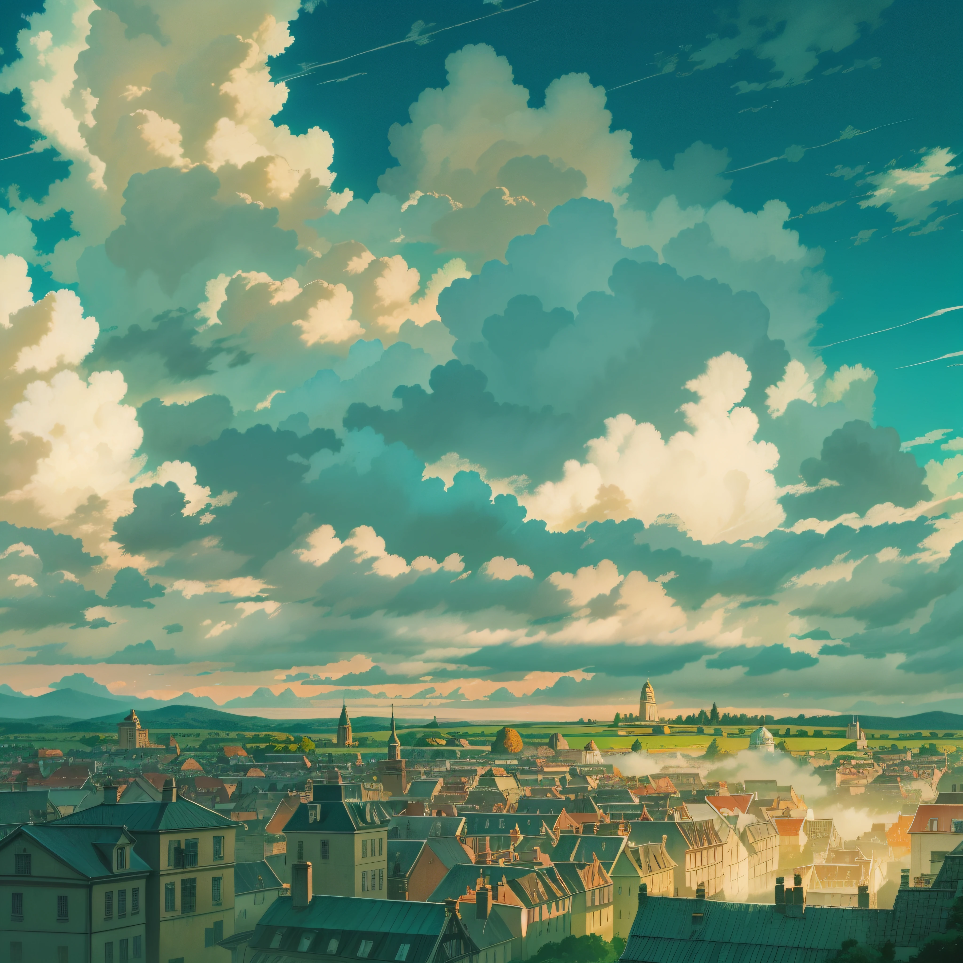 animesque、Skyscape with clouds、Landscape without buildings、You can see the touch of the brush、Studio Ghibli、Ghibli、Scenery、Style、Golden Time、sky line、The sky is covered with clouds、beatiful lights