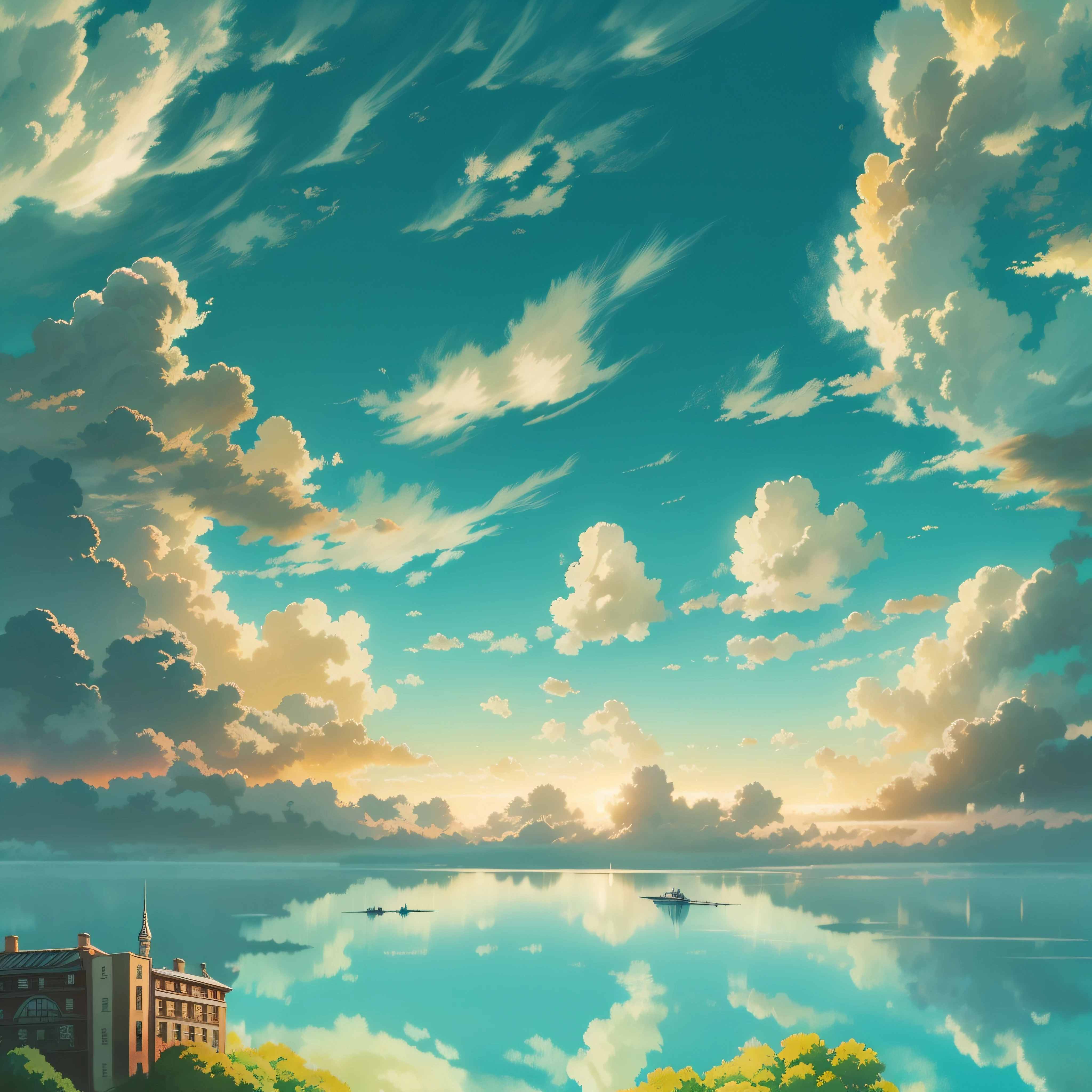 animesque、Skyscape with clouds、Landscape without buildings、You can see the touch of the brush、Studio Ghibli、Ghibli、Scenery、Style、Golden Time、sky line、The sky is covered with clouds、beatiful lights