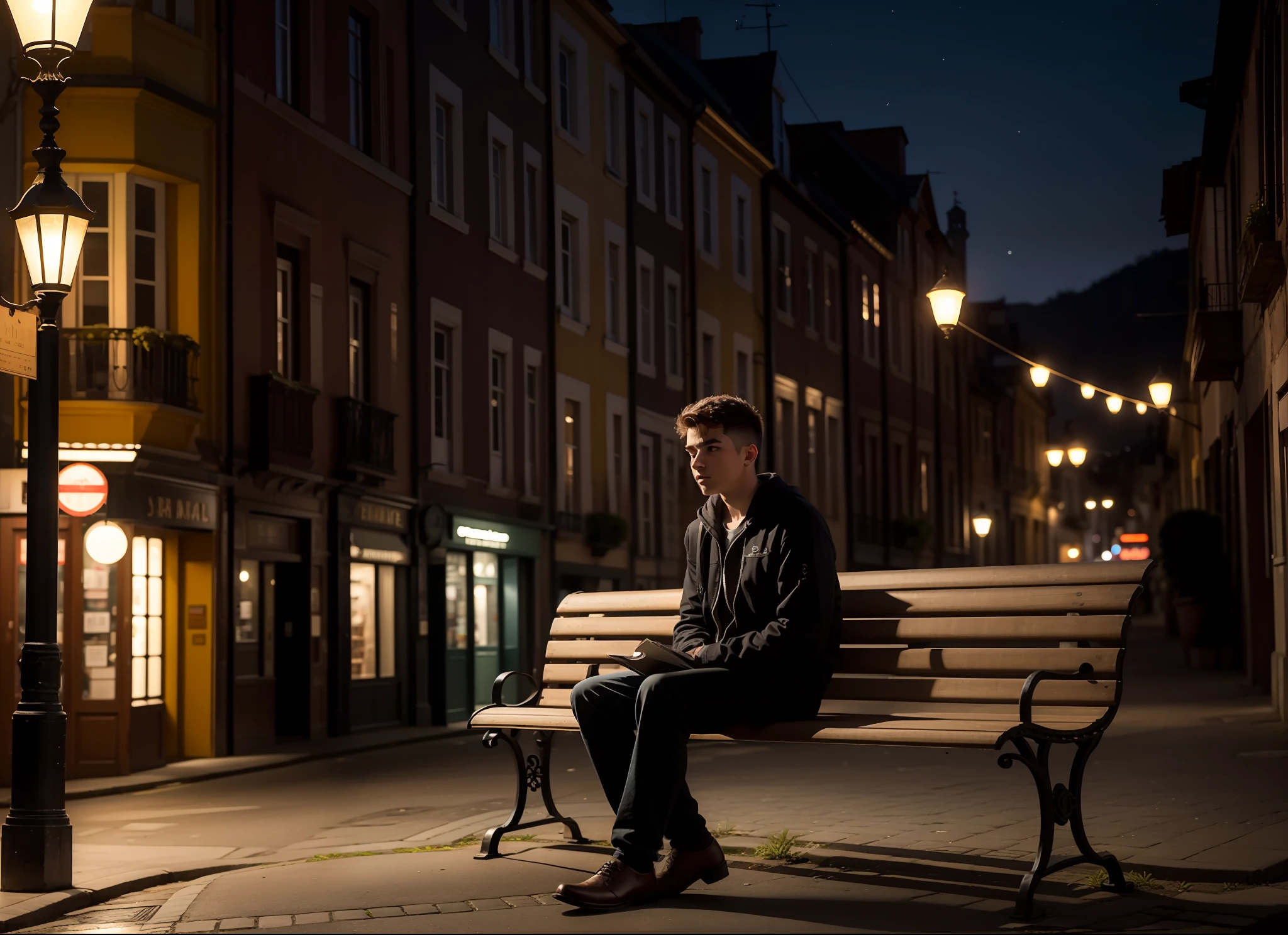 Nineteen-year-old man sitting sadly on bench in the square, rontal view, noite escura, cidade pequena, casas, postes de madeira, lampadas nos postes, 8k, maximum detailed, alta qualidade