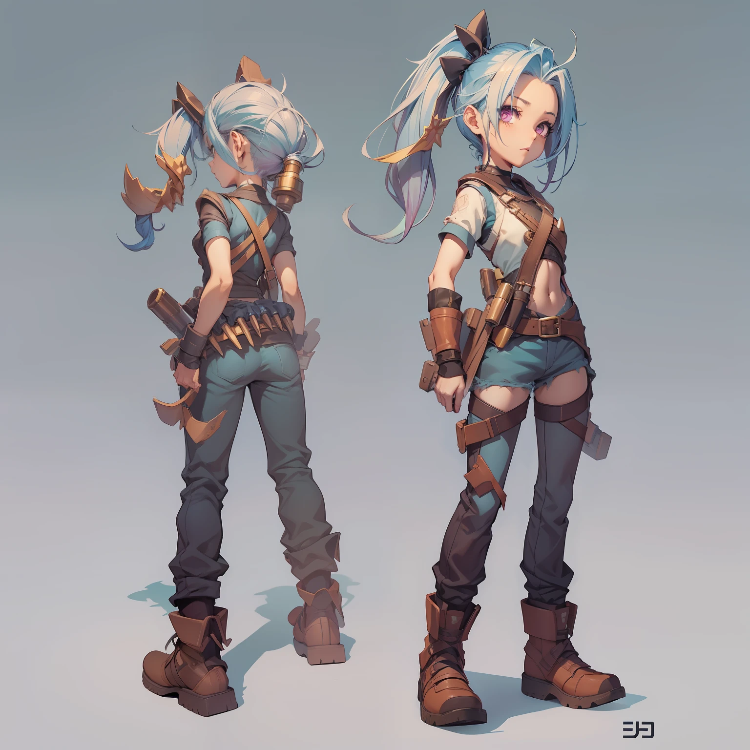 Jinx,short- sleeved，take up close，cute-style，short- sleeved，shorter pants，Comic cover style，Comic title,tmasterpiece， High- sharpness， high high quality， 详细的脸， detailed body render