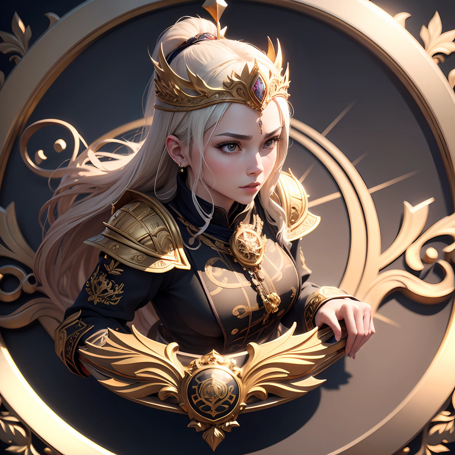 Gold-tone metal lettering with decorative design(X)Close-up, royal insignia in background, sharp metal crest, Masterpiece. render in blender, intricate ornate anime cgi style, rendered in keyshot, imperial symbol, medal, in style of ultra high detail, 3 D 徽标, A masterpiece of 3D ray tracing, designed in blender, magnificent design, highly detailed texture render