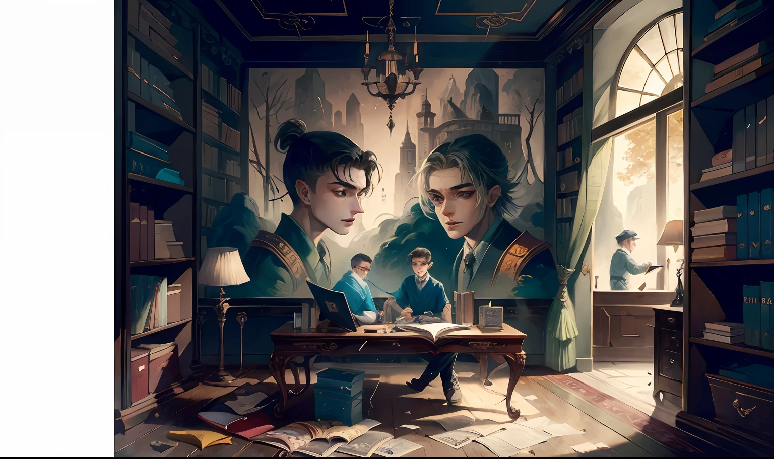 Two 14-year-old boys inside a library researching history books, obras-primas, super detalhe, Epic composition, ultra HD, alta qualidade, extremamente detalhado, arte oficial, papel de parede unificado 8k, Super detalhe, 32k -- v 6