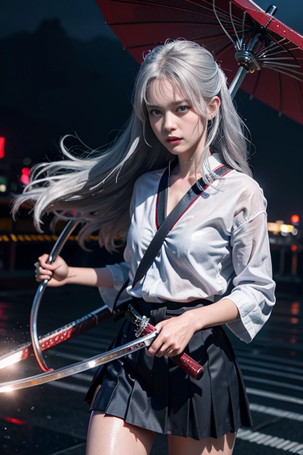 (masterpiece, best quality, CG:1.2), breathtaking schoolgirl, (long silver hair:1.1), piercing blue eyes, (samurai school uniform:1.2), crimson obi, (gleaming silver katana:1.3), pouring rain, wet streets of Tokyo, (shimmering reflections:1.2), blurred city lights, towering skyscrapers, (futuristic neon signs:1.1), misty atmosphere, (umbrella with dragon motif:1.2), fierce expression, dynamic stance, mid-swing, splashing water, intense action, moody color palette, epic battle scene, cinematic angle, looking at viewer.