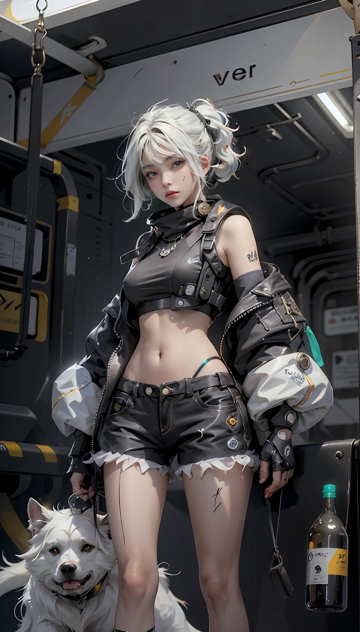 uma Cena de pressentimento, donzela Com um quimono aberto e uma velha Camiseta branCa estiCada por baixo, Ela tem tatuagens roxas bioluminesCentes em sua pele, franja, Black shorts, holding a bottle With a magical nebula trapped inside, C, Standing in a subway car, serious look, gadgets de alquimia pendurados no Cinto, Cyberpunk, dystopic, Blade Runner`