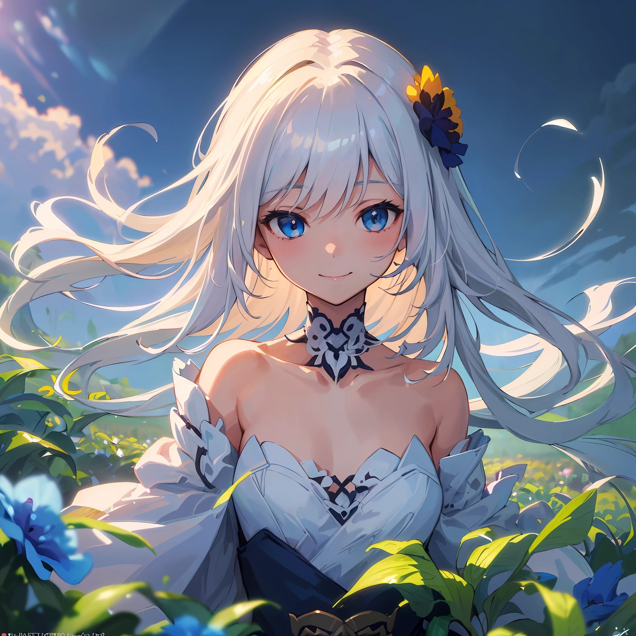 (Masterpiece, Best quality, A high resolution:1.4), 1girll, ((Unity 8k wallpaper, illustration, , beautiful and delicate detailed girl)), Small breasts, flower field, flower, Blue Hioka, plant, flower field, Smile,Girl, Long hair, White hair, Blue eyes,Close-up,((Talamai)),Face only