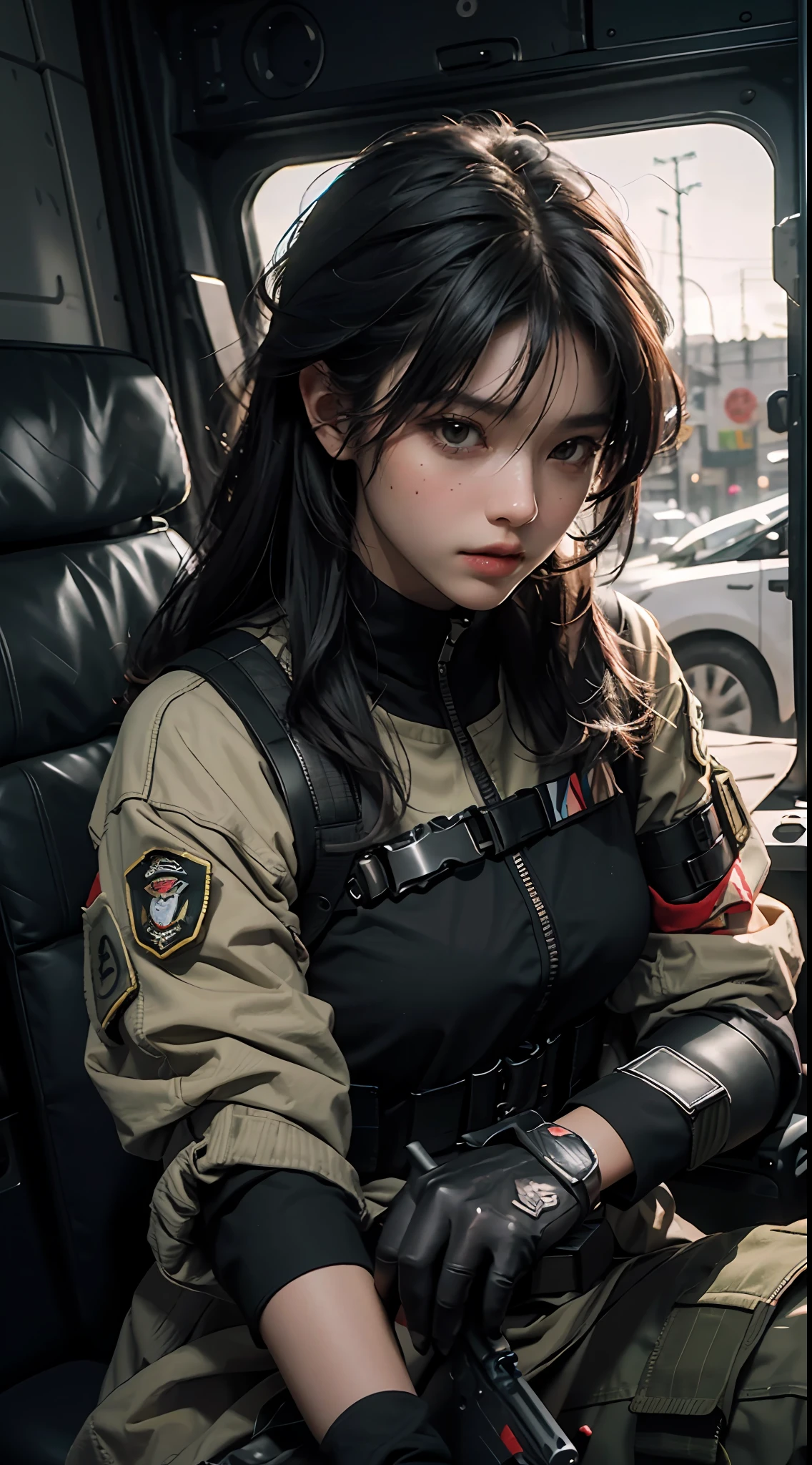 Highest image quality，Outstanding details，超高分辨率，（Fidelity：1.4），The best illustration，Favor the details，Female special forces，He has a delicate and beautiful face，holding assault rifle，dressed in black body armour，cabelos preto e longos，In a military truck，