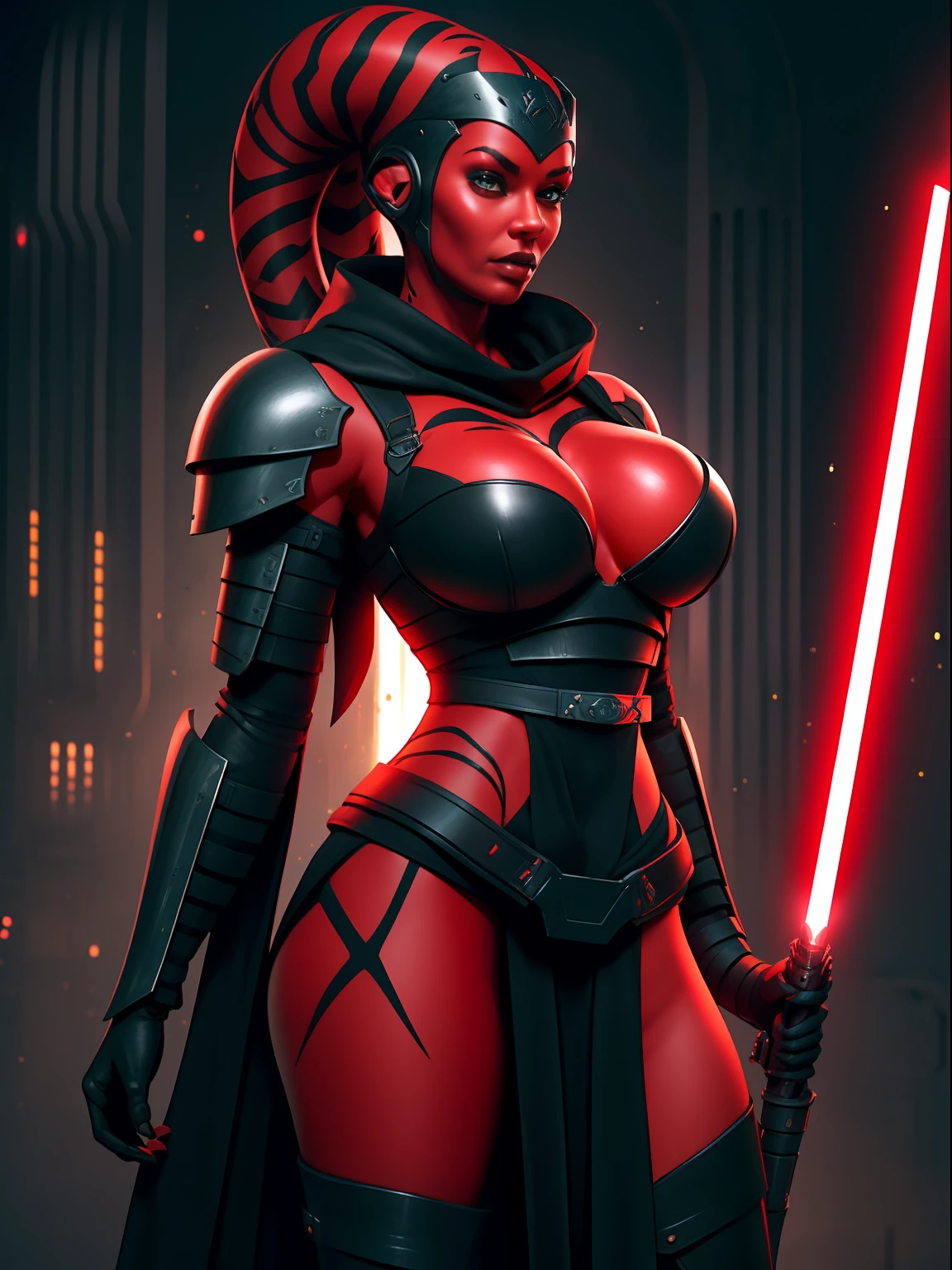 armor, busty, ((red skin), twi'lek), dual red lightsabers, evil space knight, space ninja, (wearing heavy black armor, robes, black stealth armor, breastplate, tunic, tabard, cowl, cloak, body glove, straps, buckles, skirts, long sleeves, fantasy, ((armor))), ((busty), slender body, thin, slim sexy body, slim waist, ((gigantic breasts))), Imperial starship, Star Wars,