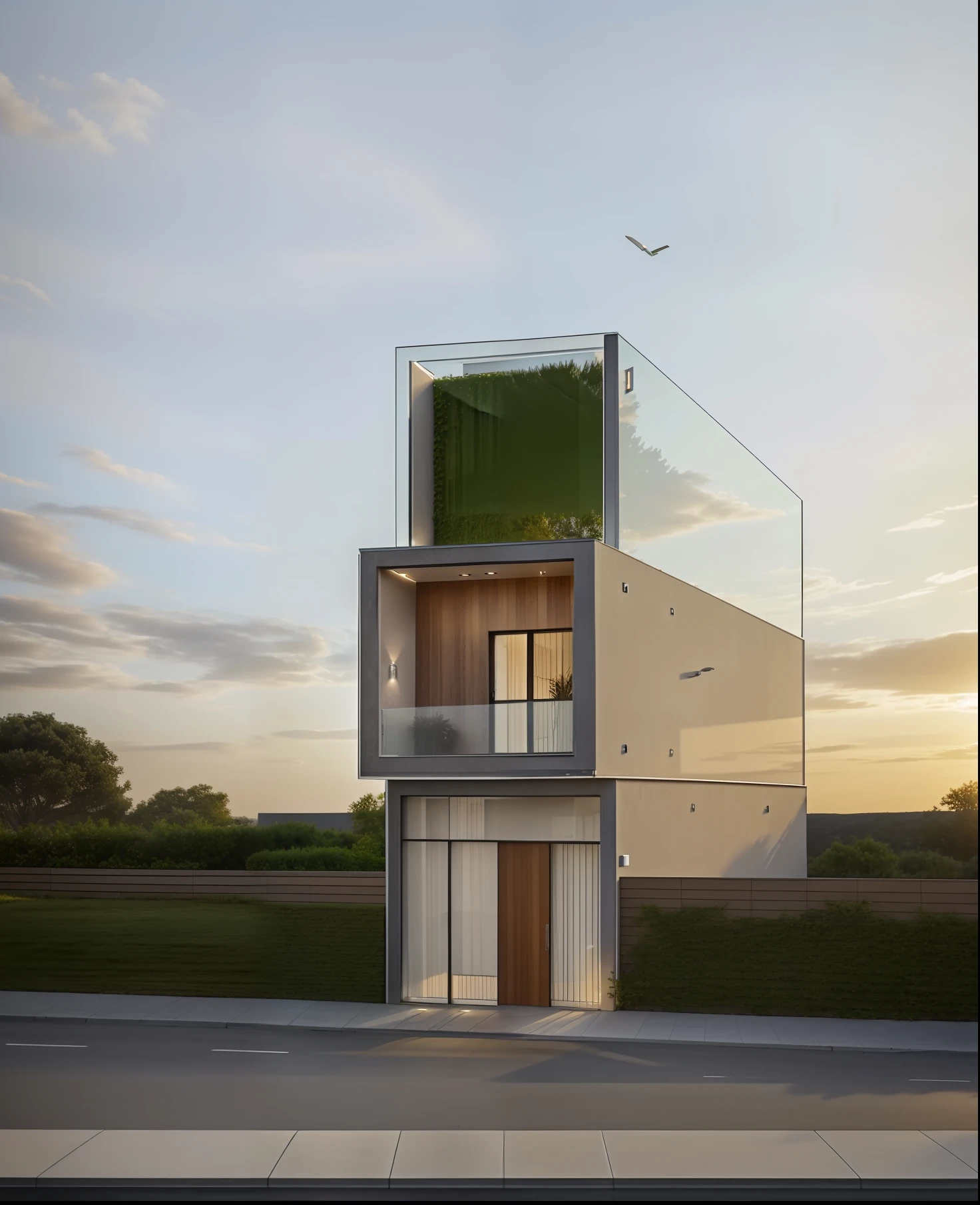 1 house with wall, day light, beautyful lightings, (clear air:1.3)), ((clean road)), tree