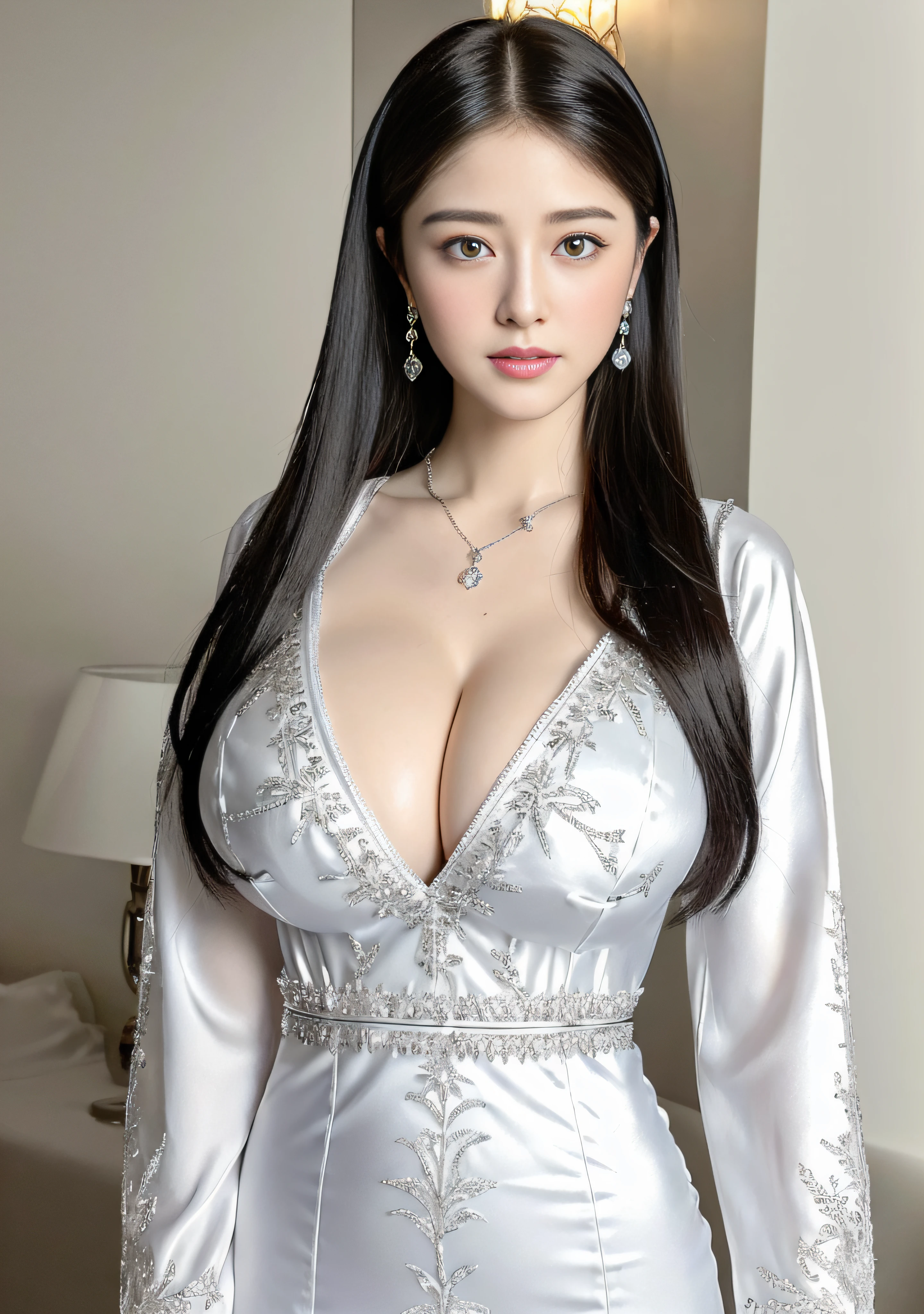 Marian Rivera, 30 years old ,((1 girl)), Solo, ((gigantic breast:1.3)), beautiful young lady, Nikon Z 85mm, ((best quality)) ((masterpiece)), intricate detail, sharp focus, professional, realistic, real life, hyperreal, photorealistic,  fine detail, best quality, very Detailed CG unity 8k wallpaper, perfect artwork, Full body, shiny hair, glowing eyes, shiny skin, realistic, perfect female hourglass figure, thin waist, wide buttocks, looking at viewer, extremely delicate and beautiful, best quality, beautiful detail girl, beautiful eye detail, face lighting, film lighting, perspective, revealing buttocks, perfect collarbone, golden ratio face, realistic facial expression, (exquisite detail, makeup, (exquisite beautiful exquisite face, delicate and beautiful eyes, a face with perfect proportions, high-detailed skin,((wearing tight Silk silver long closed Ao Dai )), ((simple diamond necklace)), ((embrodery detali clothes)), ((closed breast)), ((closed clothes), ((polite clothes)), luxury hotel bedroom,standing, feet,  dynamic pose
