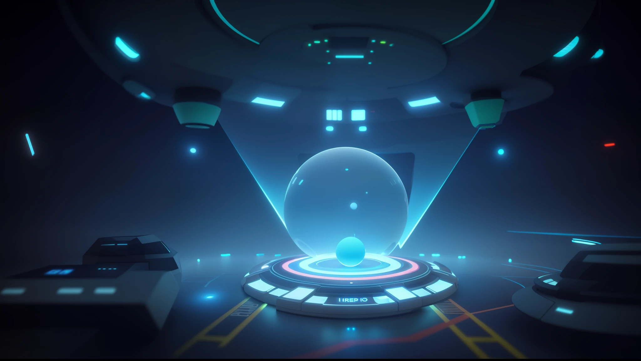 Close-up of futuristic object with glowing sphere, rendered in unrealengine, 3 d render beeple, Futuristic setting, Futuristic. Game CG, futuristic laboratory, 3d rendered in octane, 3 d rendered in octane, rendered in octane render, glowing sphere, volume raytracing fog, rendered in octane render 32k, in a futuristic arena,(Top angle of view)
