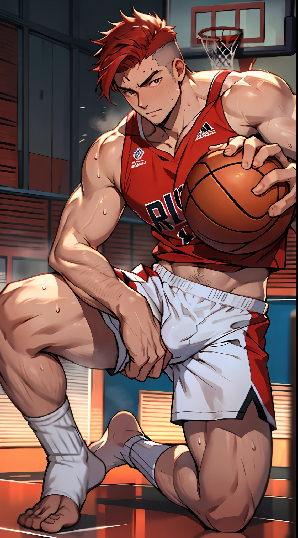 Male, masculine, hirsute, red hair, european, flex, pale skin, sweat, basketball player, holding basketball, full body, barefoot, big feet, white socks, playing basketball, solo, 1 man, running, playing basketball, wearing only underwear, naked, topless, tight underwear, no pants, steaming air, sweating, hot, sexy, sunshine male,