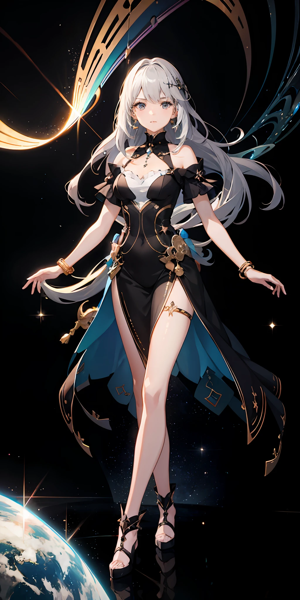 extremely detailed character, a extremely delicate and beautiful girl, Kyoto animation style, anime screencap, animated, extremely detailed body, very long hair, Grey hair, shiny hair, Authentic and detailed face, black eyes, bracelet, Iridescence and rainbow dress, white Clothes, sparkle, bright and fine Black-Hole Accretion Disk, surreal, Very detailed CG unified 8k wallpaper, extremely detailed CG unity 8k wallpaper, extremely CG,