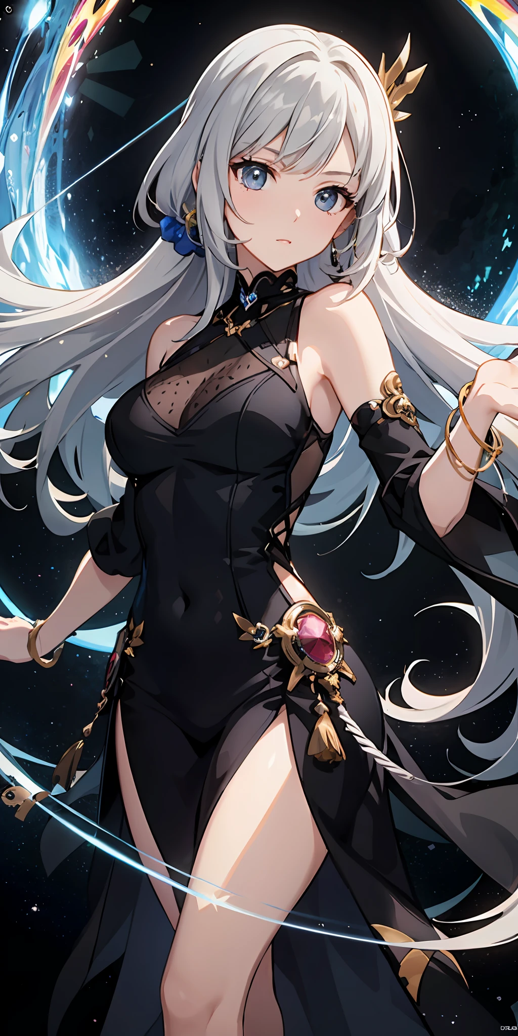 extremely detailed character, a extremely delicate and beautiful girl, Kyoto animation style, anime screencap, animated, extremely detailed body, very long hair, Grey hair, shiny hair, Authentic and detailed face, black eyes, bracelet, Iridescence and rainbow dress, white Clothes, sparkle, bright and fine Black-Hole Accretion Disk, surreal, Very detailed CG unified 8k wallpaper, extremely detailed CG unity 8k wallpaper, extremely CG,