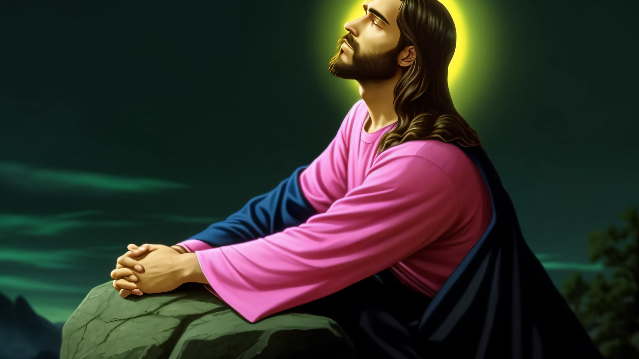 jesus sitting on a rock with his hands folded in prayer, jesus christ, gigachad jesus, jesus of nazareth, jesus christ in mass effect, jesus christ smoking a blunt, jesus face, portrait of jesus christ, jesus wasted at a , beautiful image, young almighty god, christian saint, kneeling in prayer, black jesus, jesus, profile pic