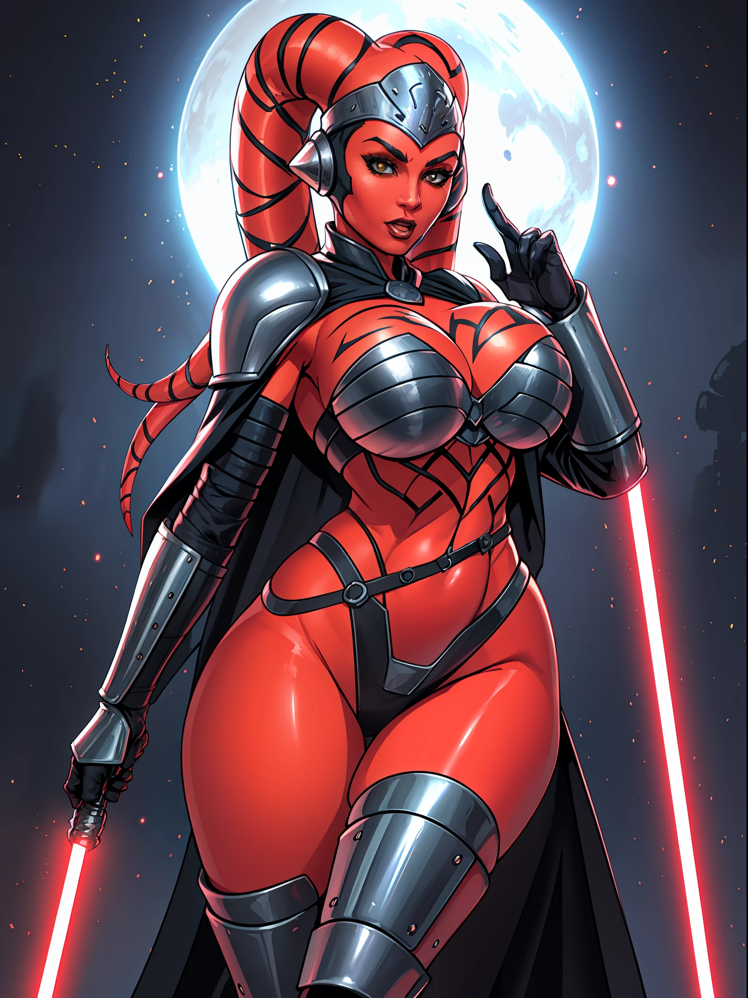 armor, busty, gigantic boobs, ((red skin), twi'lek), dual red lightsabers, evil space knight, space ninja, (wearing black robes, black stealth armor, breastplate, tunic, tabard, cowl, cloak, body glove, straps, buckles, skirts, long sleeves, fantasy, ((armor))), ((busty), slender body, thin, slim sexy body, slim waist, ((gigantic breasts))), Imperial starship, Star Wars,